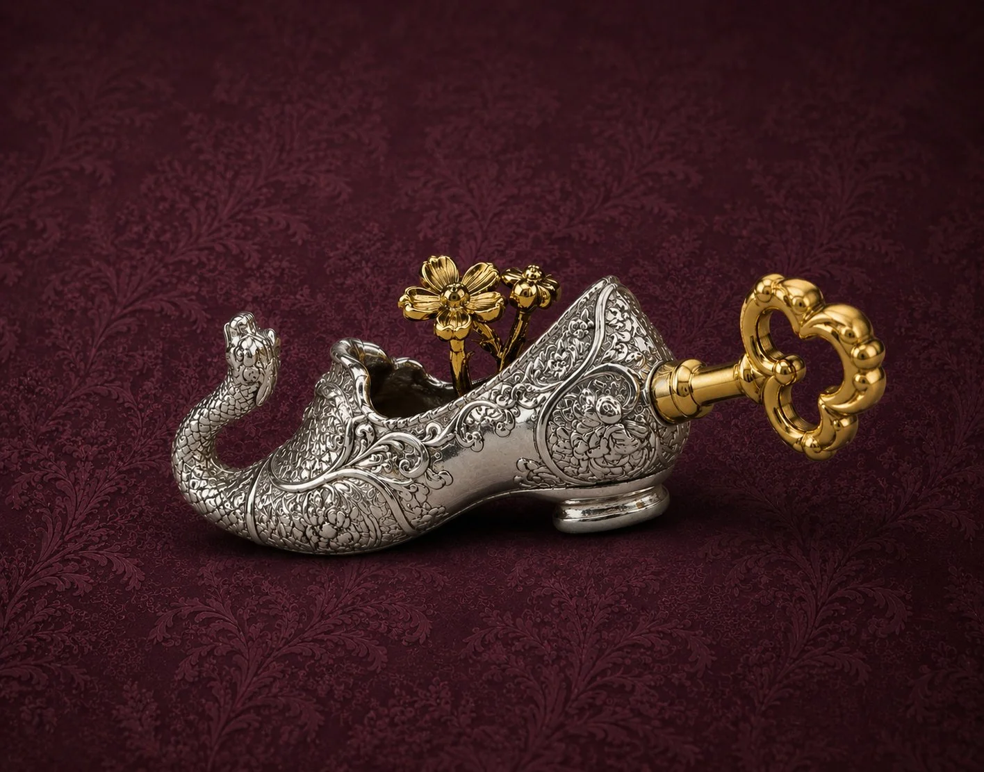 Ornate silver and gold decorative object resembling a mythical creature with a gold flower and a gold key extending from it, placed on a dark red patterned background.
