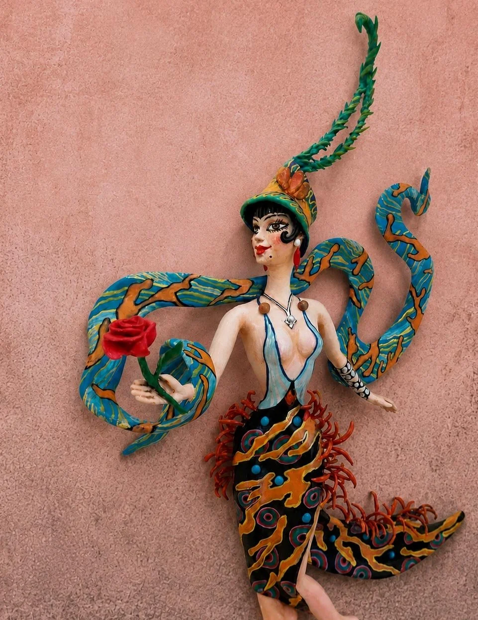 Jeanne’s Rose, One-of-a-kind mixed-media figurative wall sculpture by Natalia Chebotar, Art Deco Collection