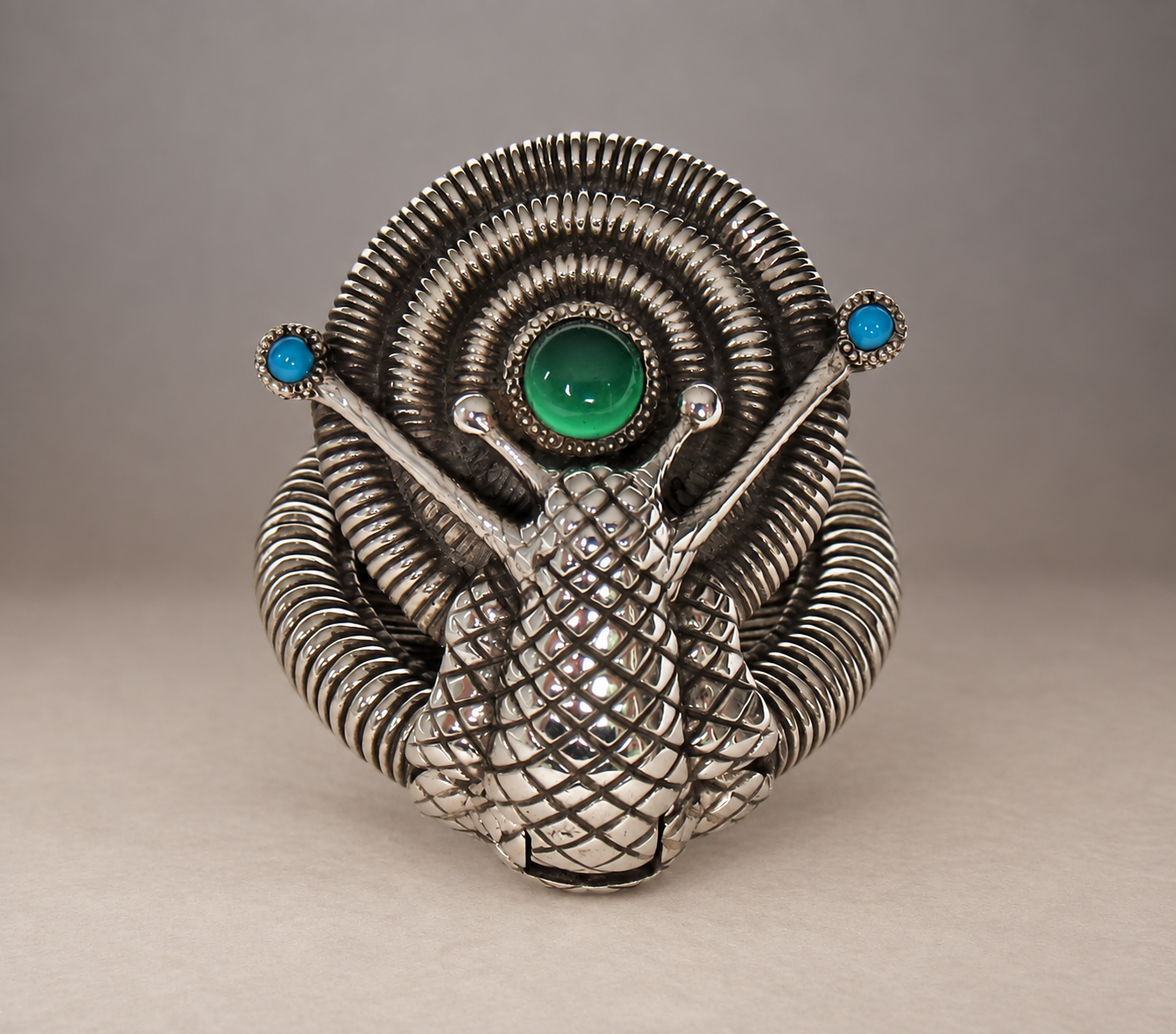 Natalia Chebotar Sterling Silver Pillbox ‘Snail’, Green Agate, Turquoises