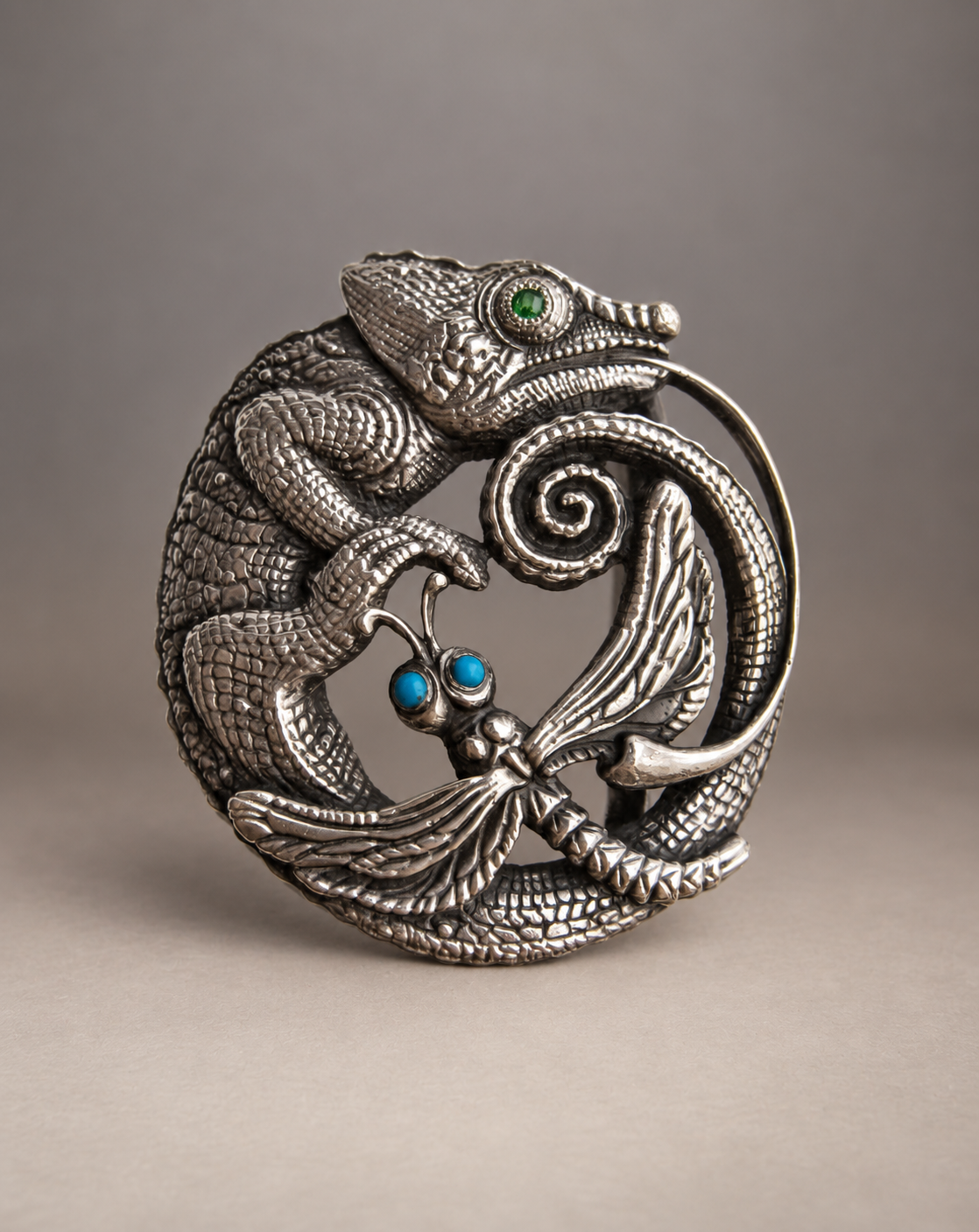 Natalia Chebotar Sterling Silver Belt Buckle ‘Chameleon', Green Tsavorite , Turquoises