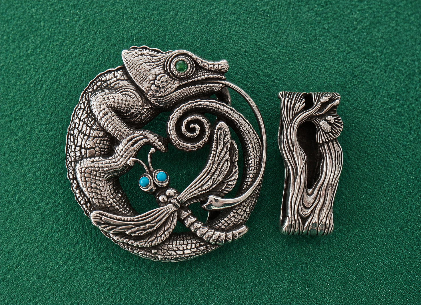 Natalia Chebotar Sterling Silver Belt Buckle ‘Chameleon', Green Tsavorite , Turquoises