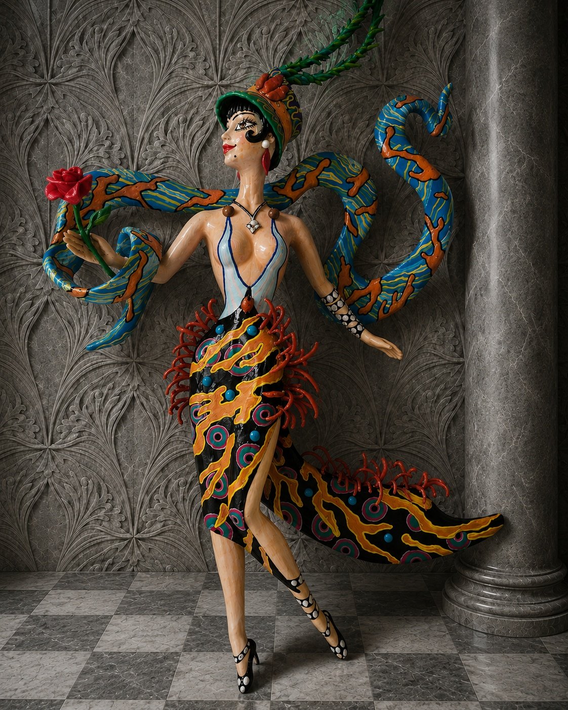 Jeanne’s Rose, One-of-a-kind mixed-media figurative wall sculpture by Natalia Chebotar, Art Deco Collection