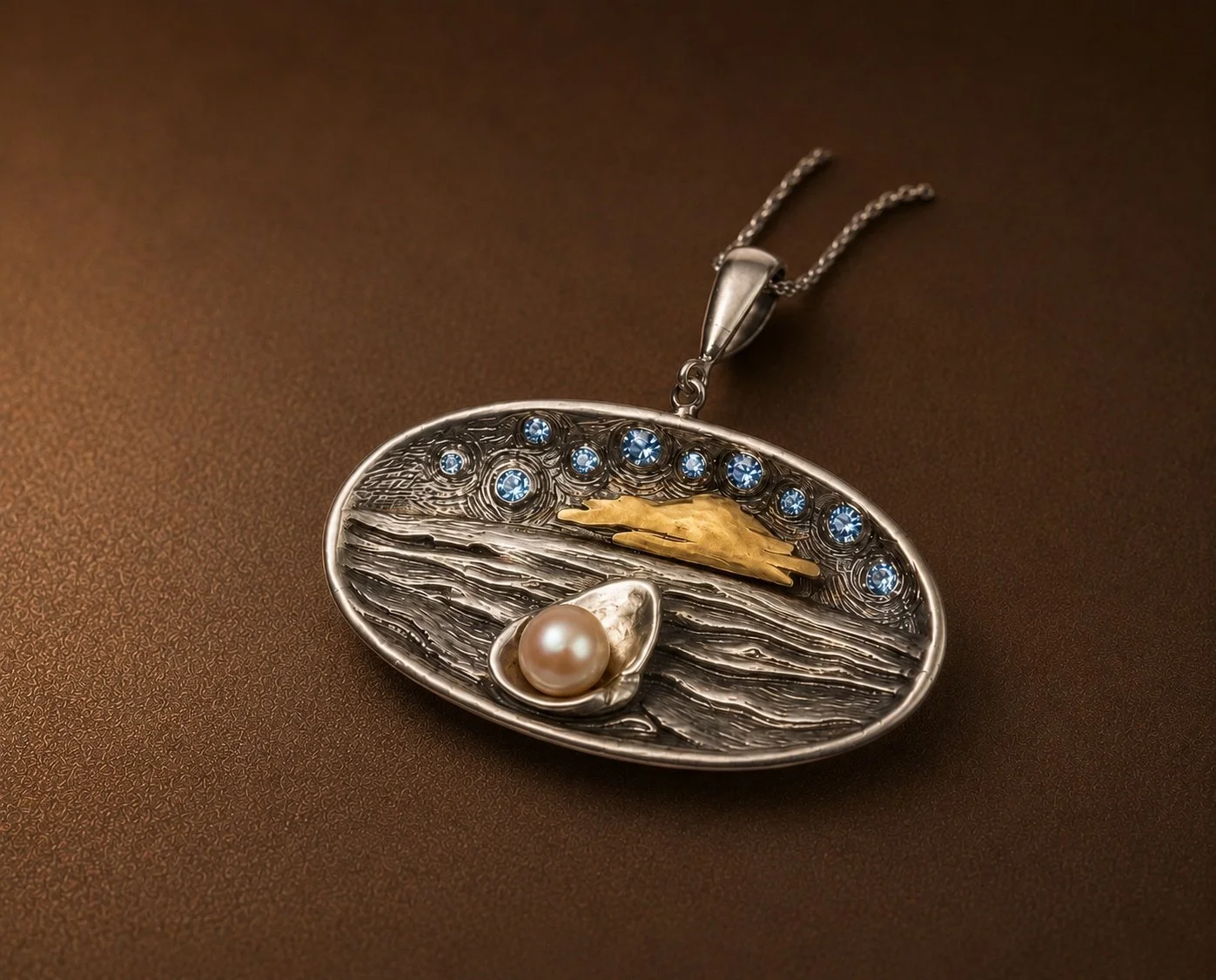 A silver necklace with an oval pendant featuring blue gemstones, a pearl, a gold-colored streak, and textured silver patterns, on a brown background.