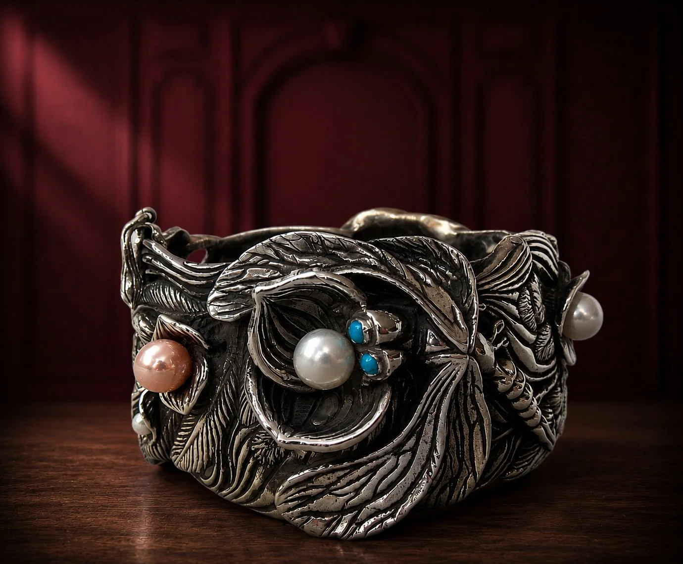 Silver jewelry bracelet with large leaves and pearl accents, resting on a wooden surface with a red velvet background.