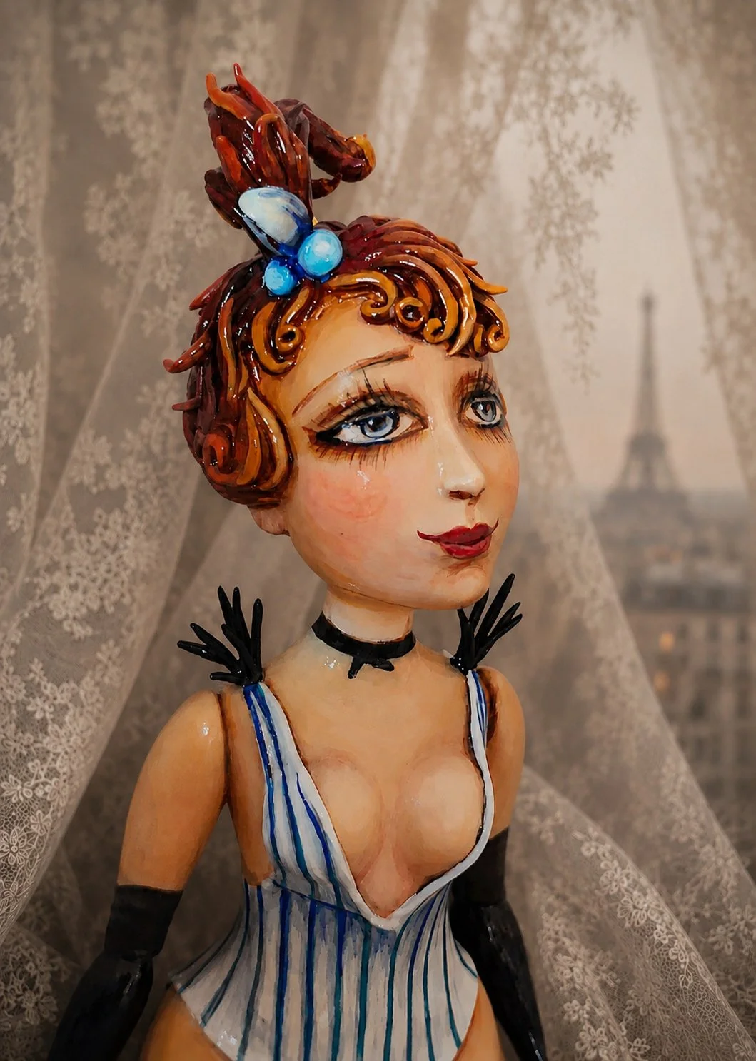 Lulu, One-of-a-kind mixed-media figurative wall sculpture by Natalia Chebotar, Cabaret Collection