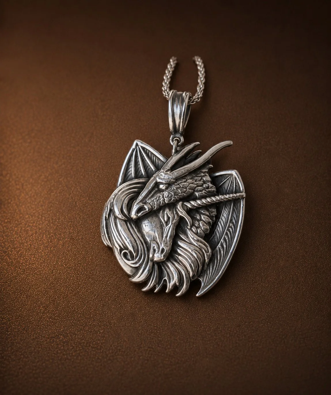 A silver pendant necklace featuring a dragon design with wings, horns, and detailed scales, hung on a twisted chain against a brown background.