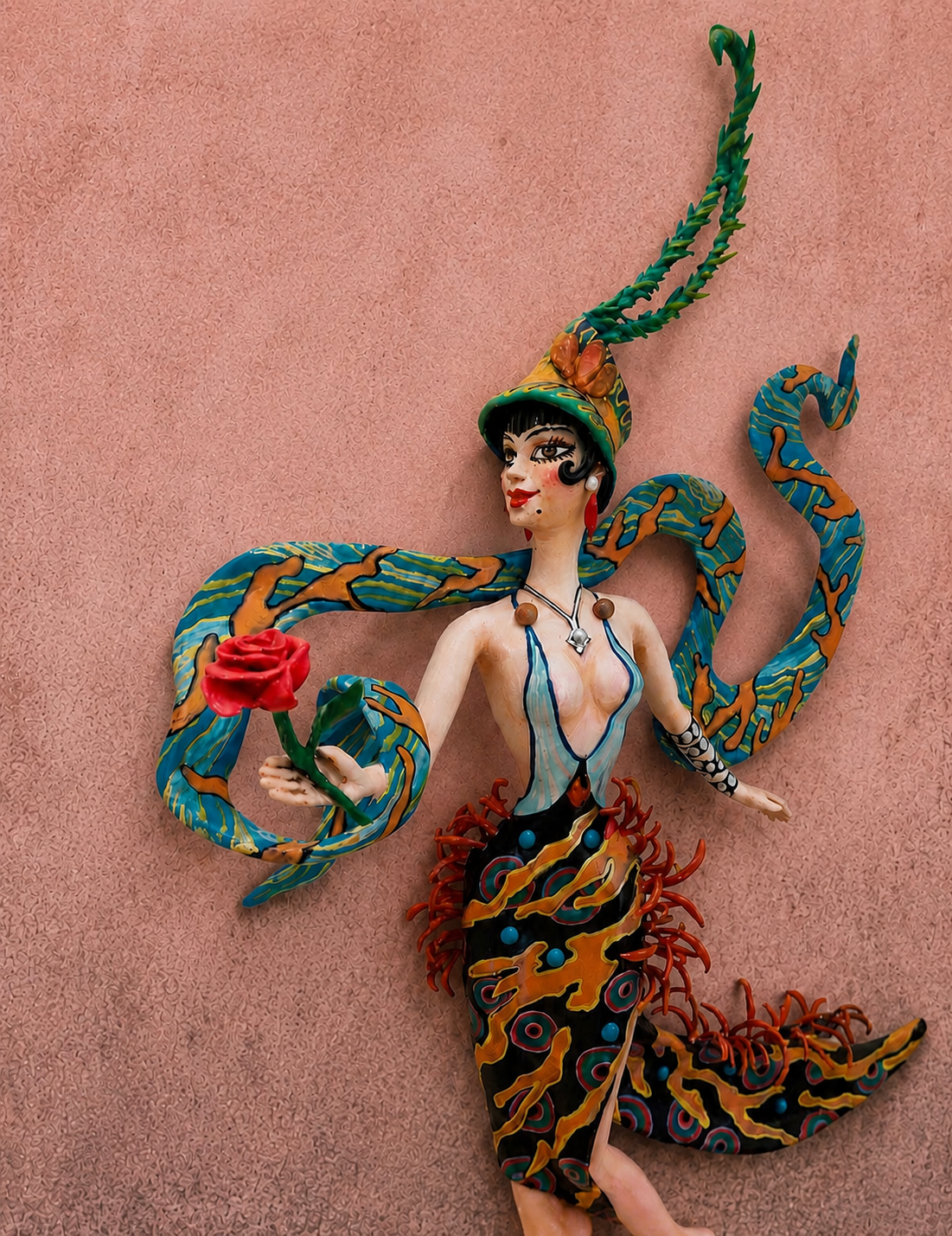 Jeanne’s Rose, One-of-a-kind mixed-media figurative wall sculpture by Natalia Chebotar, Art Deco Collection