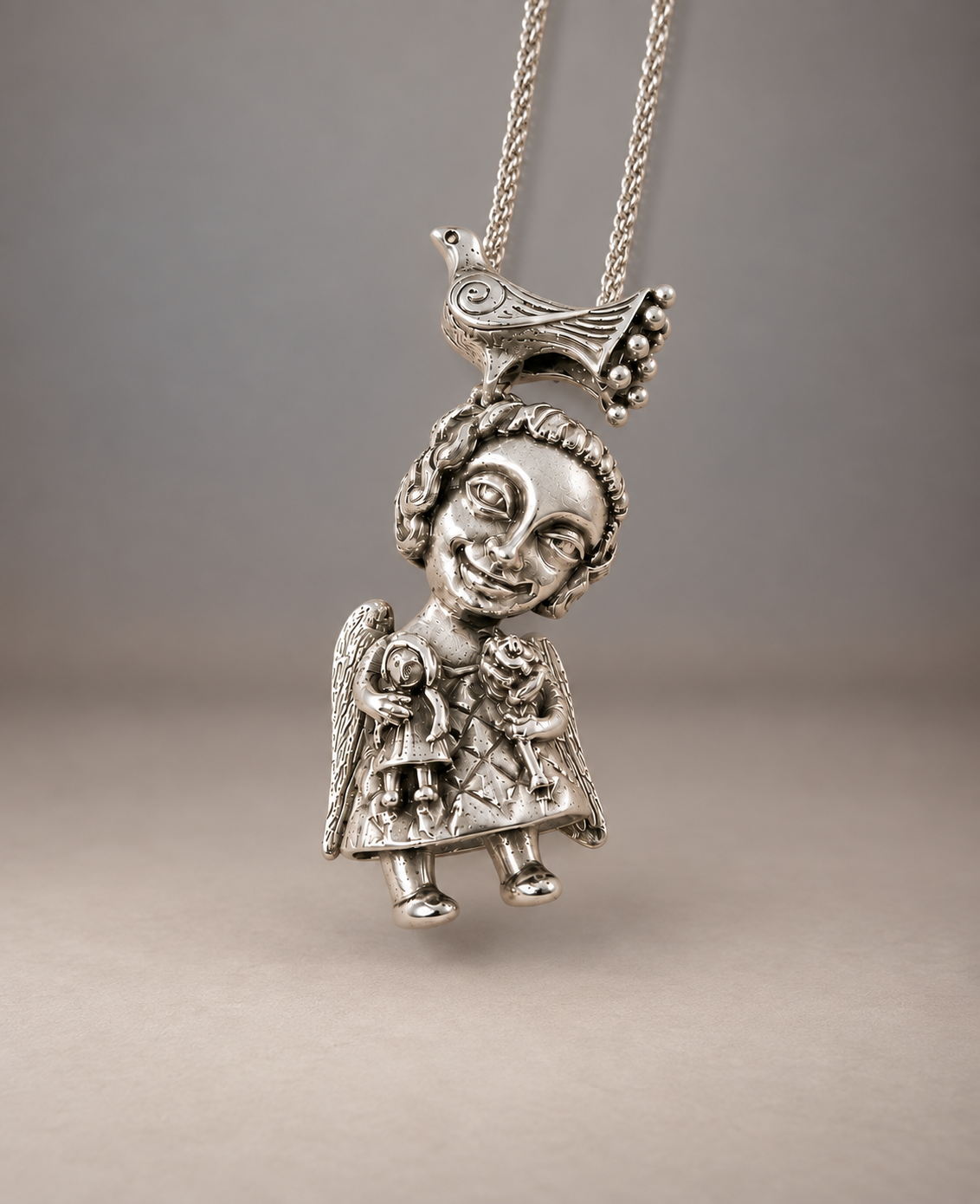 'Fairy Doll With Rose and Bird' Sterling Silver Pendant by Natalia Chebotar