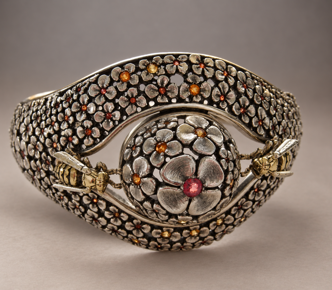 Sterling Silver, 18k Gold Bracelet ‘Summer Theme’, by Natalia Chebotar (Orange Sapphires, Enamel)