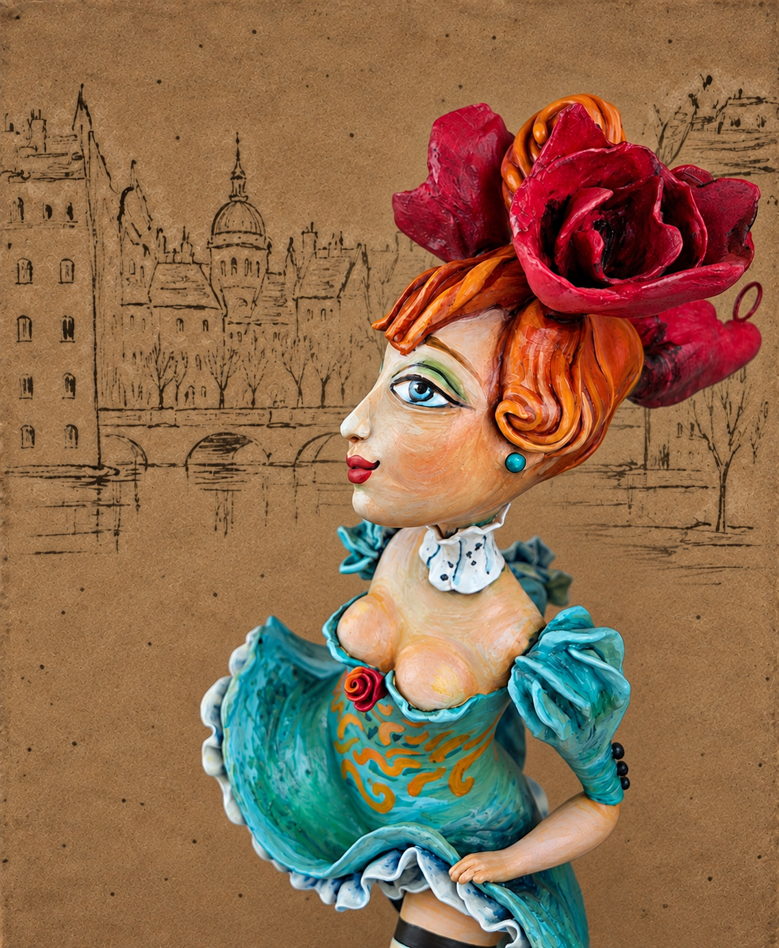 La Rosetta, OOAK mixed-media figurative wall sculpture by Natalia Chebotar, Cabaret Collection