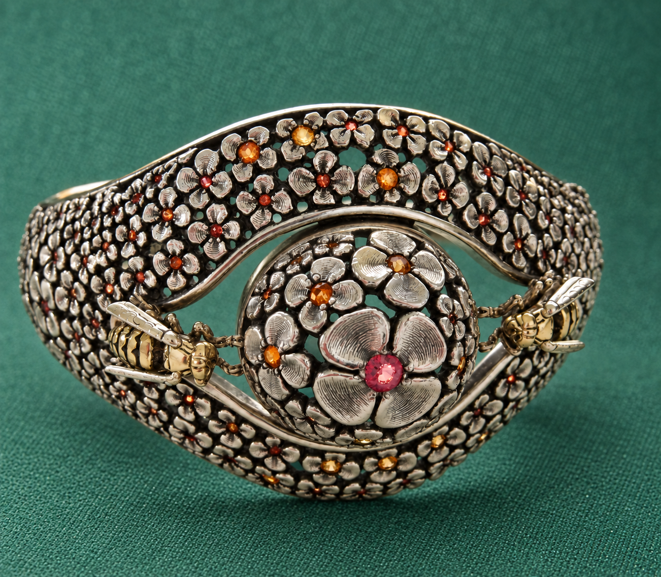 Sterling Silver, 18k Gold Bracelet ‘Summer Theme’, by Natalia Chebotar (Orange Sapphires, Enamel)