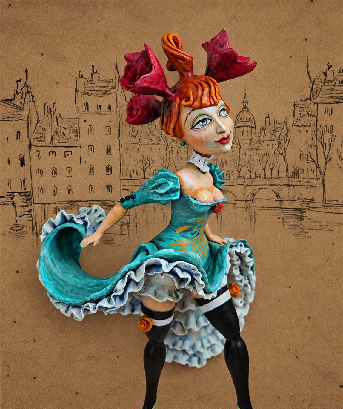 La Rosetta, OOAK mixed-media figurative wall sculpture by Natalia Chebotar, Cabaret Collection