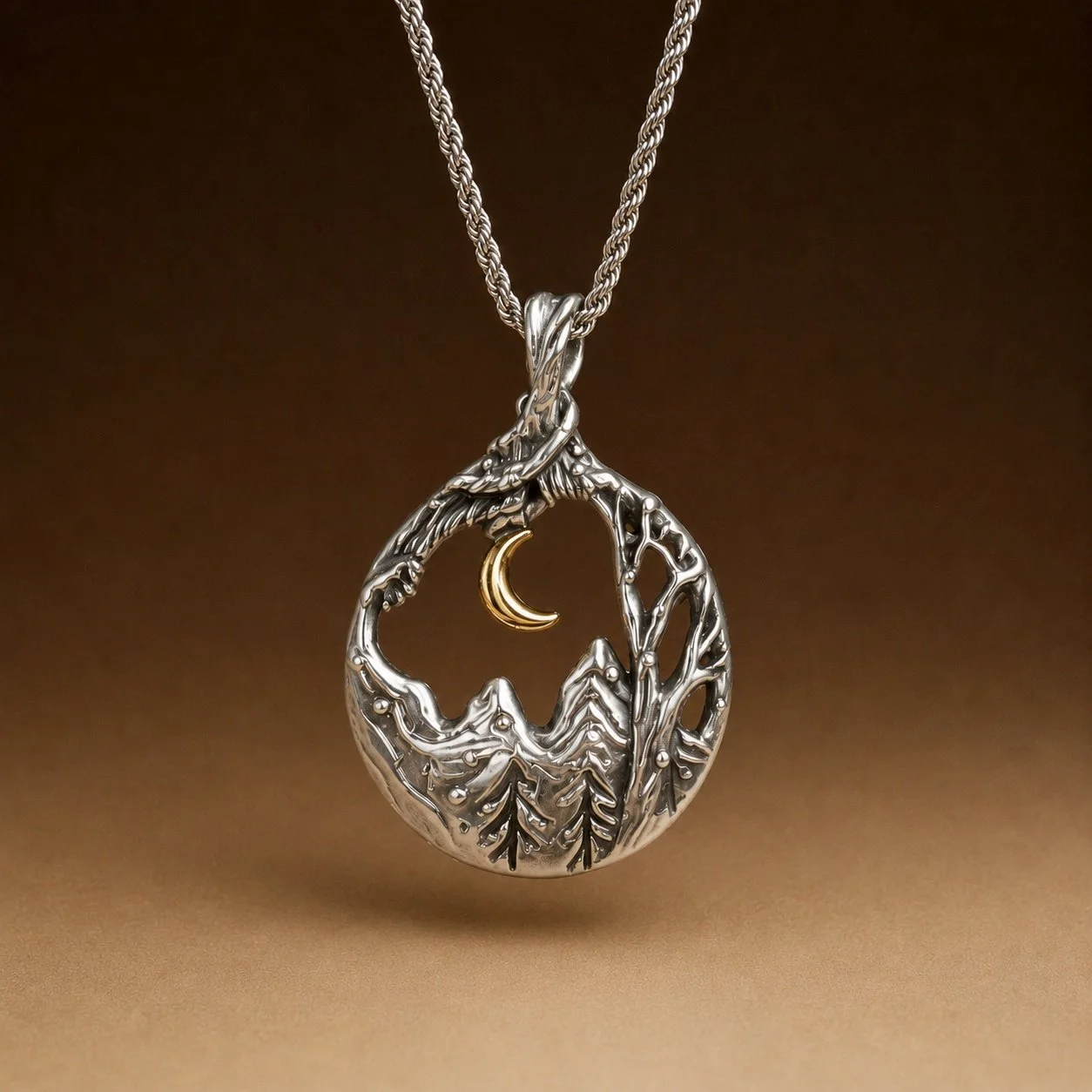 Silver pendant necklace with mountain and forest design, featuring a small gold crescent moon inside