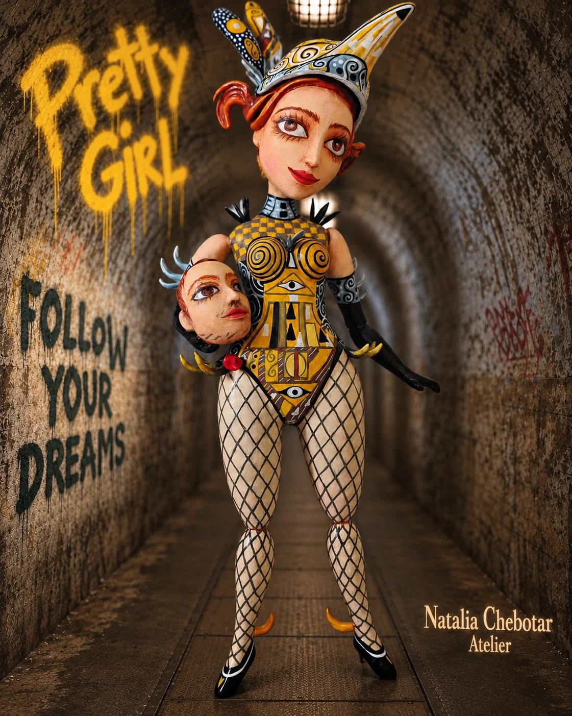 Poster of Pretty Girl, One-of-a-kind mixed-media figurative wall sculpture by Natalia Chebotar, Pretty Girl Collection
