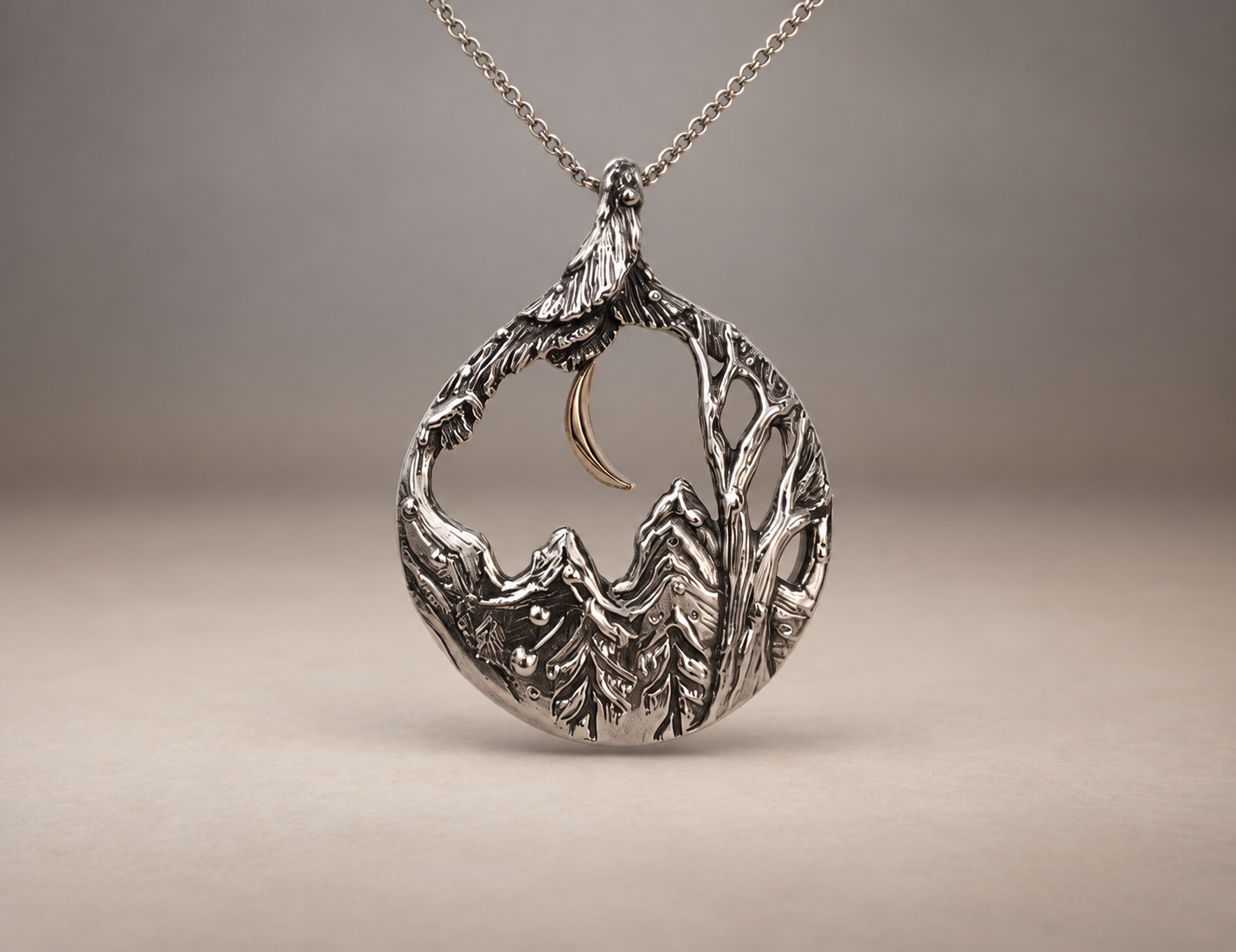 Sterling Silver, 18k Gold Pendant ‘Mountain Night’ by Natalia Chebotar