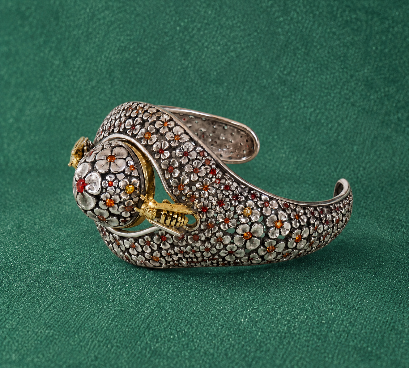 Sterling Silver, 18k Gold Bracelet ‘Summer Theme’, by Natalia Chebotar (Orange Sapphires, Enamel)
