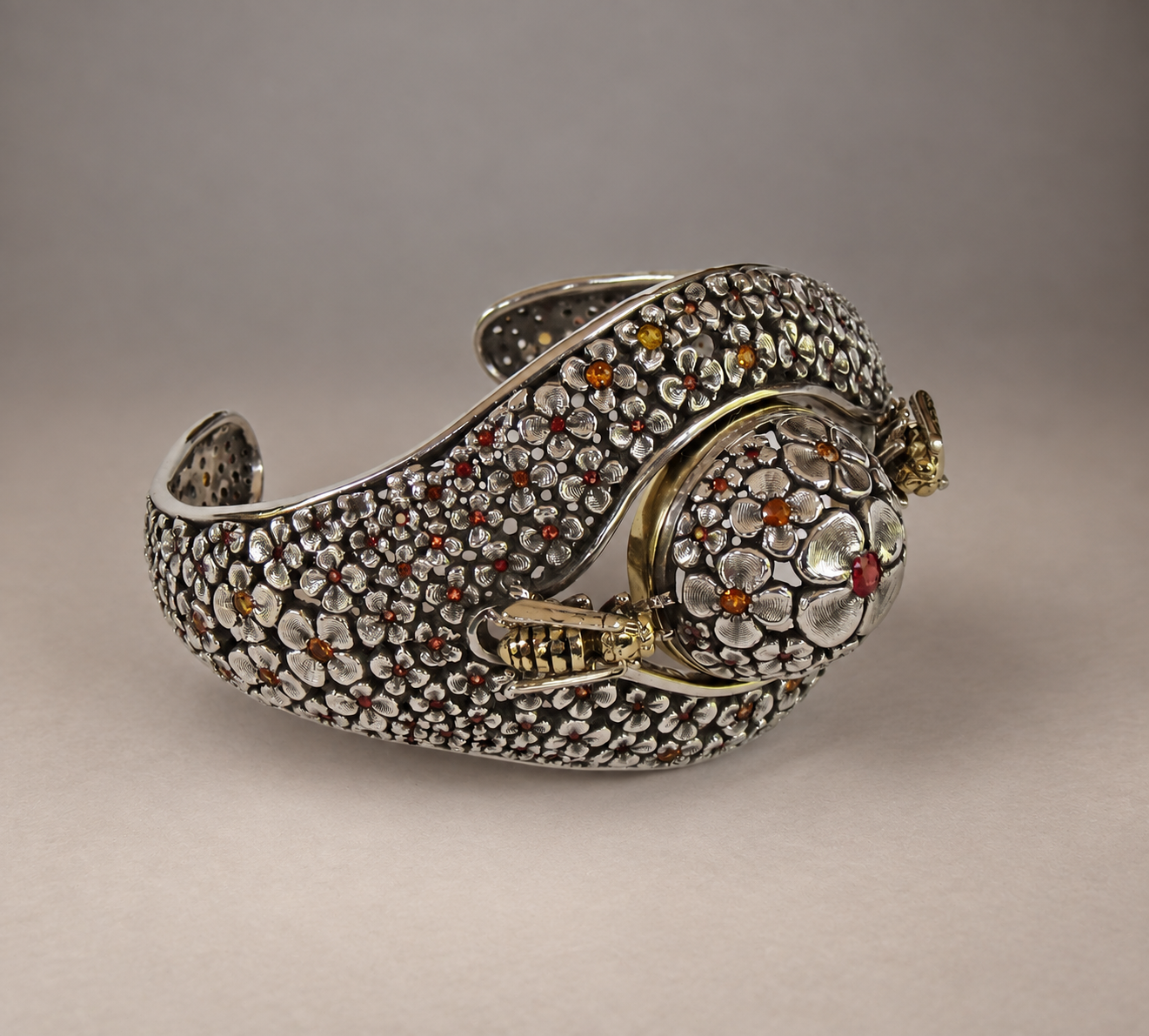 Sterling Silver, 18k Gold Bracelet ‘Summer Theme’, by Natalia Chebotar (Orange Sapphires, Enamel)
