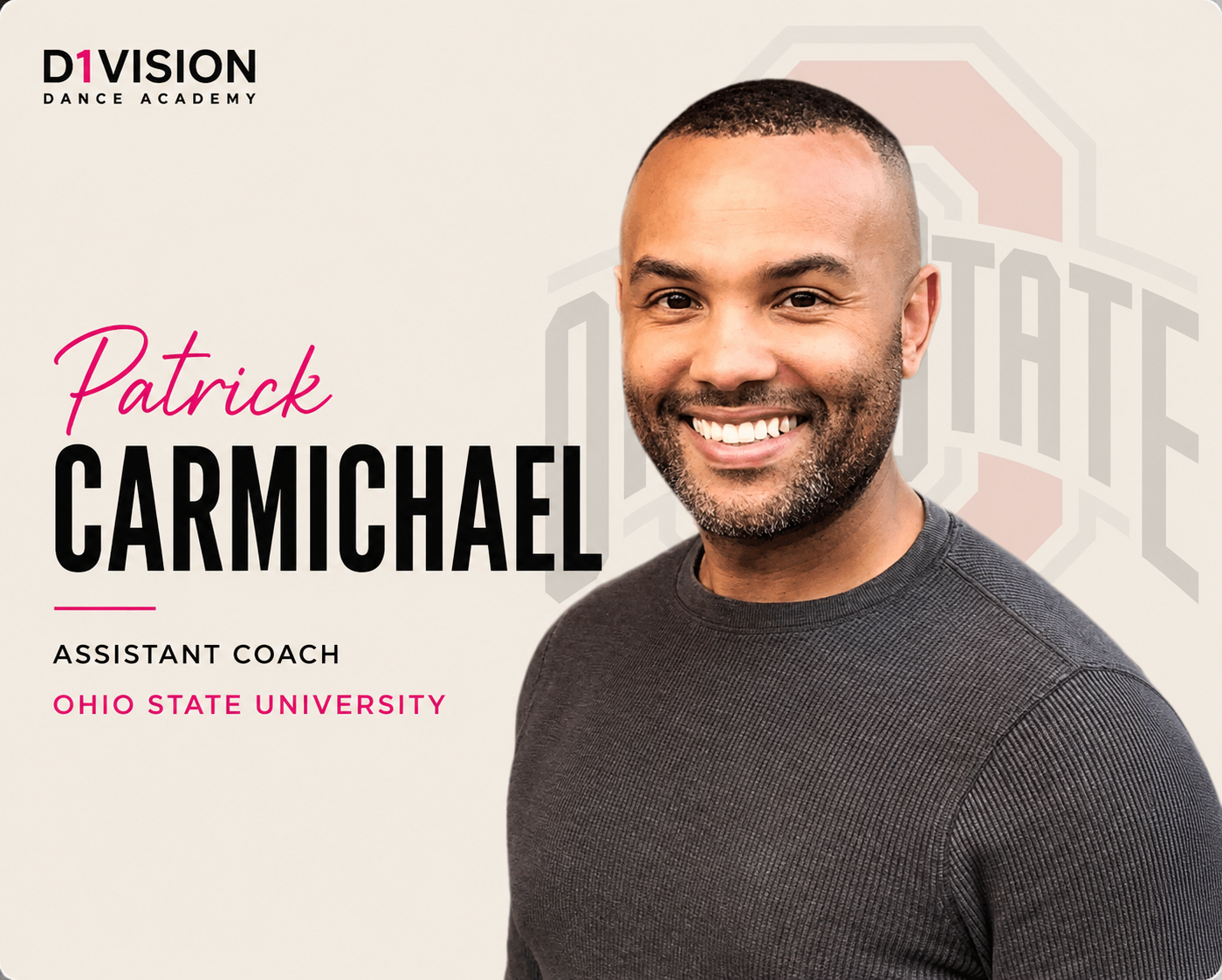 Portrait of Patrick Carmichael, assistant coach at Ohio State University, smiling in a black shirt, with text indicating his name, role, and affiliation with Ohio State University.