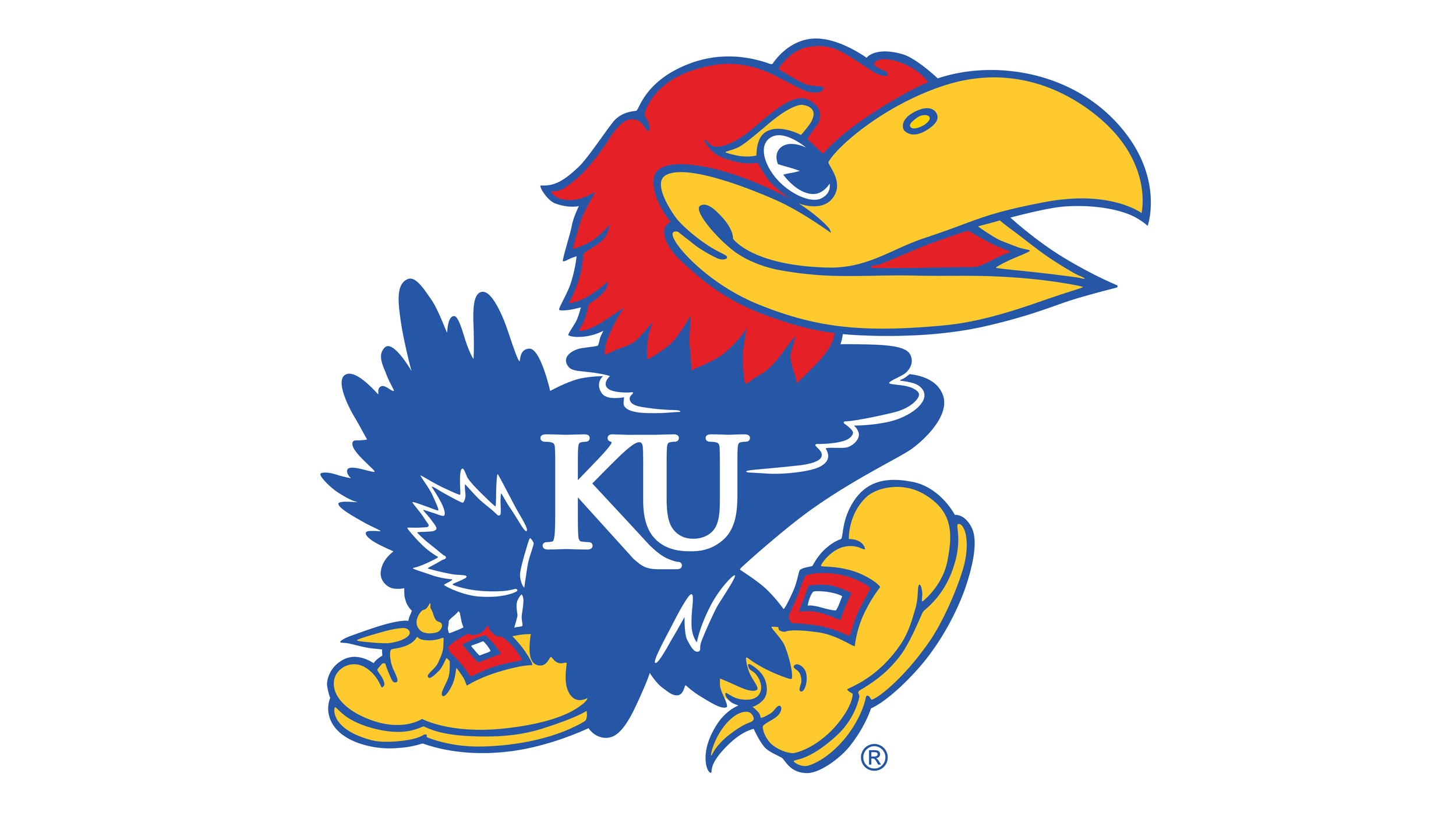 Kansas Jayhawks logo featuring a red and blue animated hawk with a large yellow beak, blue feathers, yellow claws, and the letters 'KU' on its chest.