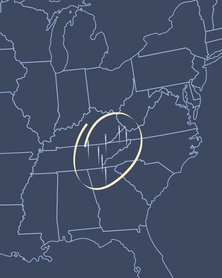 A digital map of the United States with an illuminated oval highlighting the Southern Region, including parts of Tennessee, Georgia, North Carolina, Kentucky, and surrounding states.