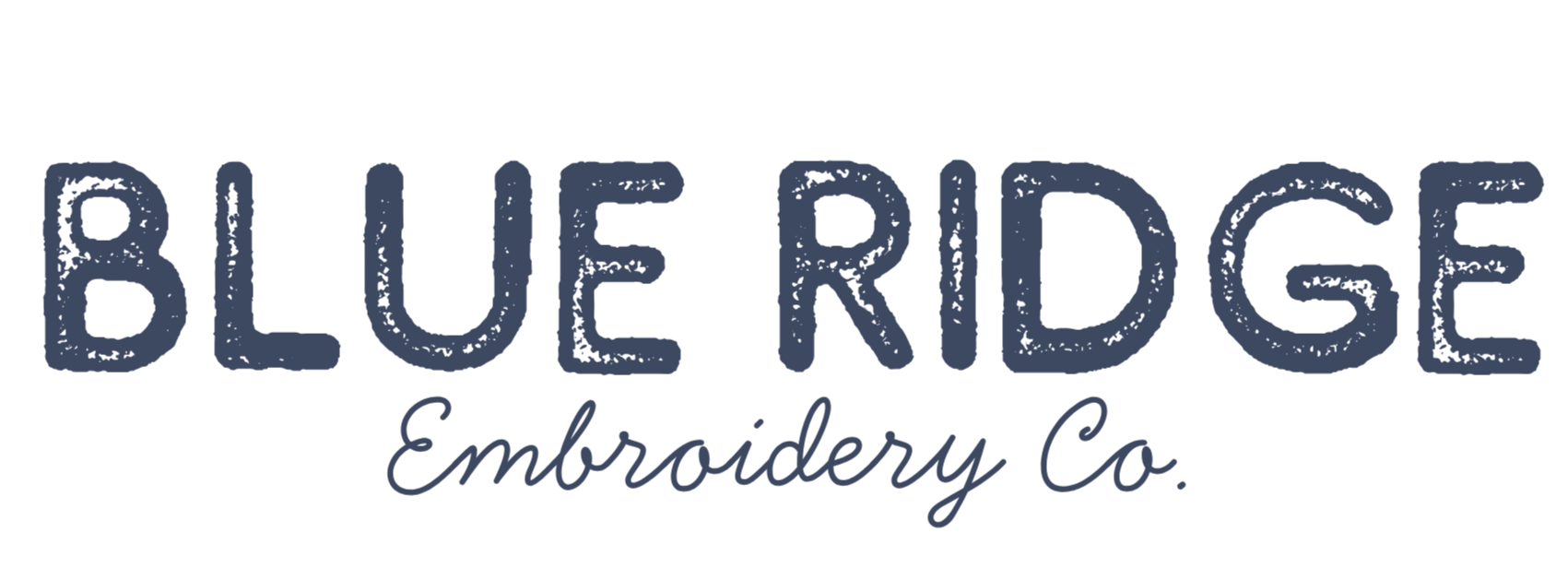 Logo of Blue Ridge Embroidery Co. with the company name in bold blue text and a tagline in cursive beneath