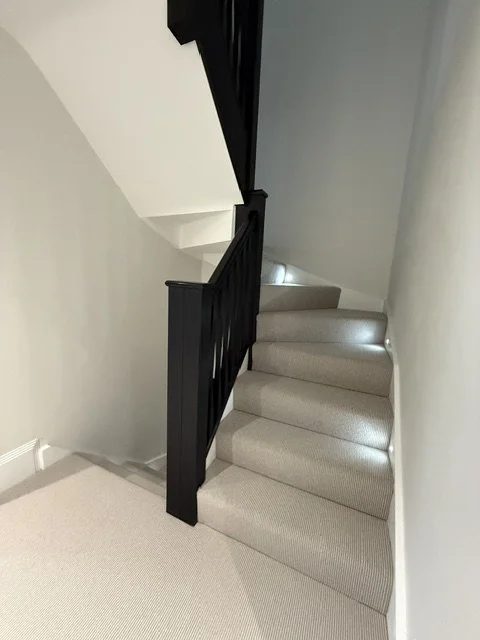 Interior view of a staircase with black railing and carpeted steps, illuminated by small built-in lights.