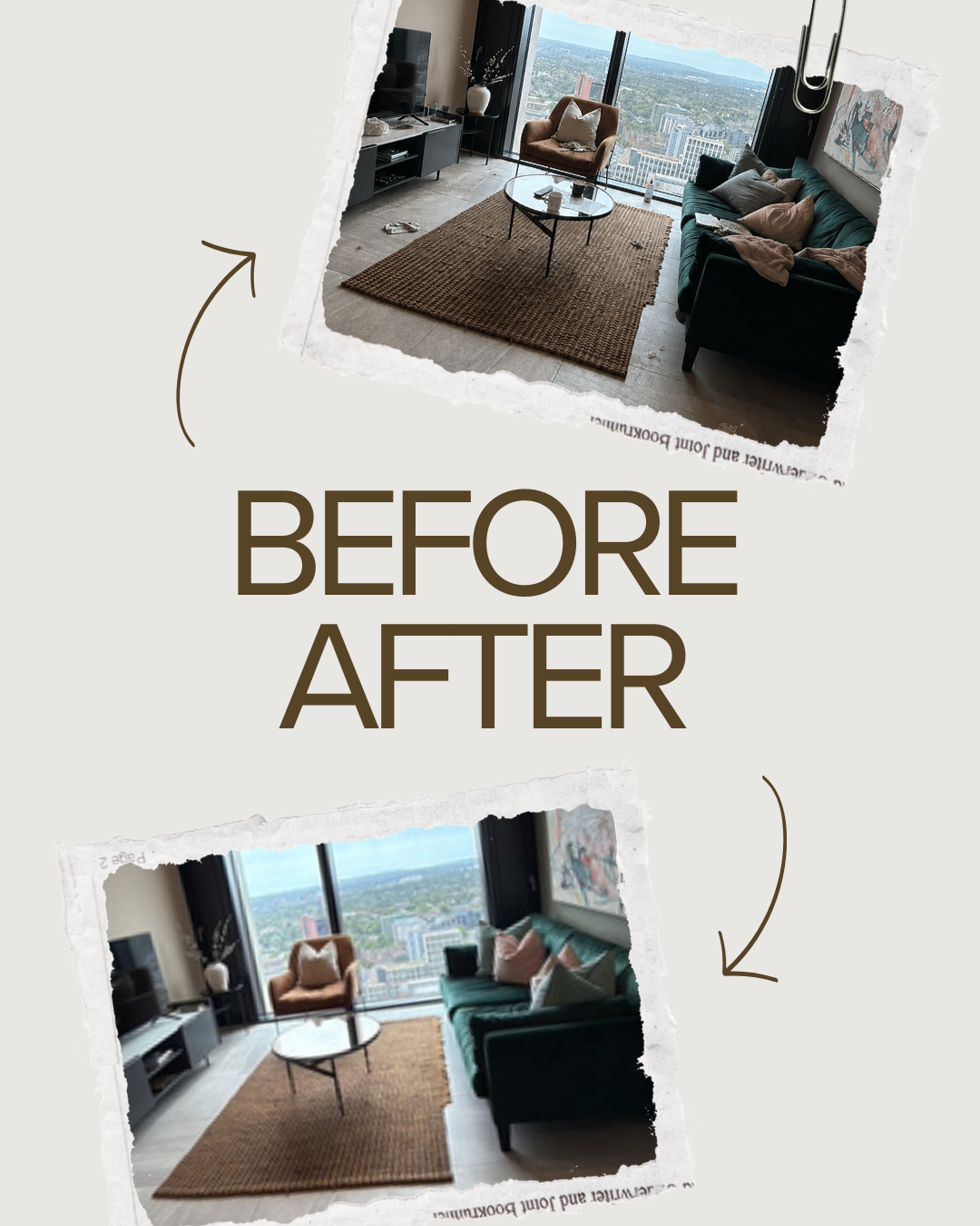 Photo collage of a living room before and after renovation. The room features a large window with cityscape view, a green sofa with pillows, a brown armchair, a coffee table, a rug, and a TV stand with a TV.