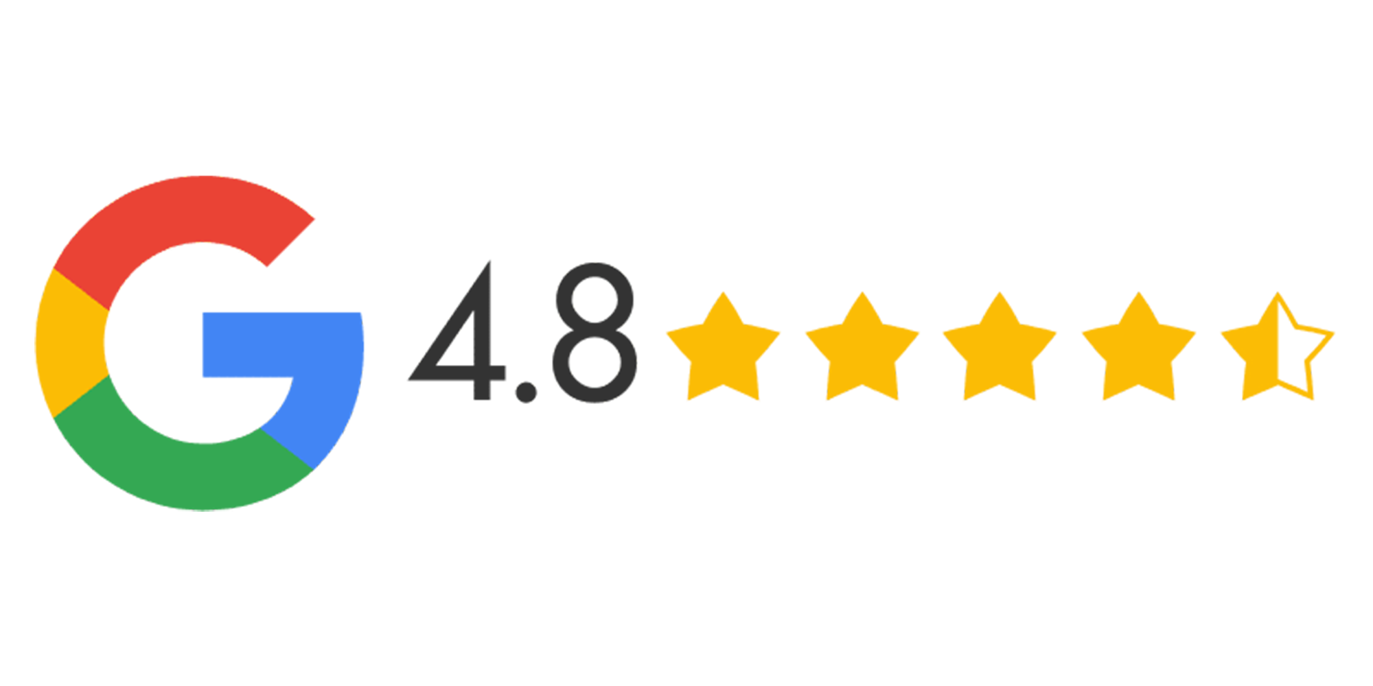 Google logo with a stylized 'G' in blue, red, yellow, and green, and the number 4.8 with black text and a yellow star graph.