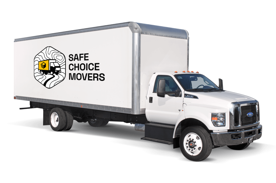 White moving truck with logo reading 'Safe Choice Movers' on the side, featuring a black and yellow truck icon with a topographical map background.