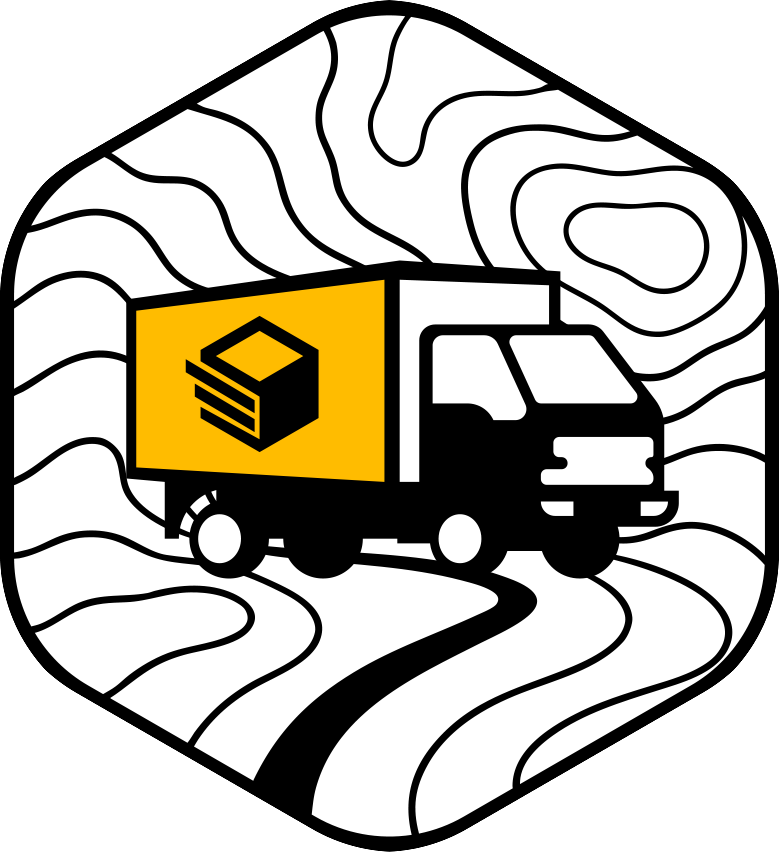 A black and white road with an abstract background and a delivery truck with a yellow side panel with a black package icon.