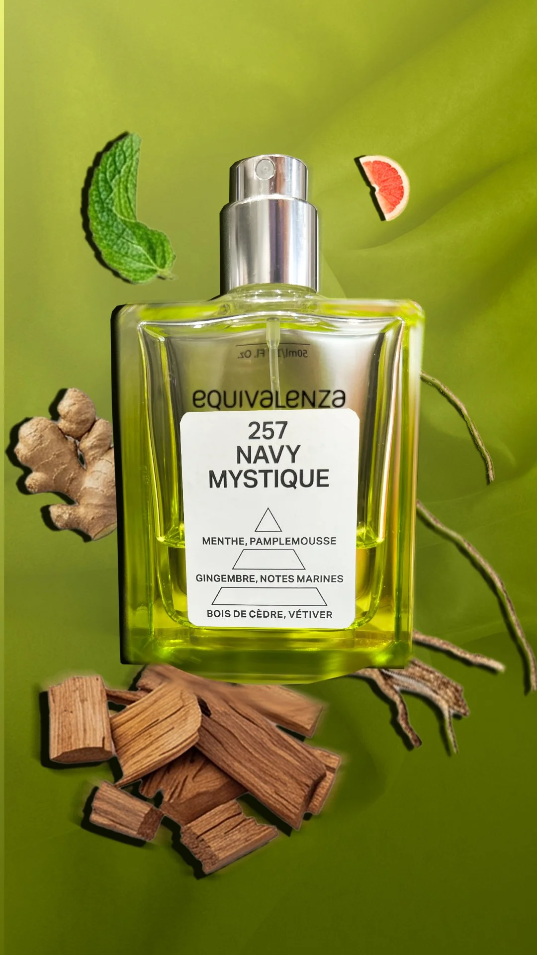 Flacon de parfum transparent avec étiquette portant le nom 'equivalence 257 NAVY MYSTIQUE' et des ingrédients comme menthe, pamplemousse, gingembre, notes marines, bois de cèdre, sur un fond vert avec des morceaux de bois et des plantes.