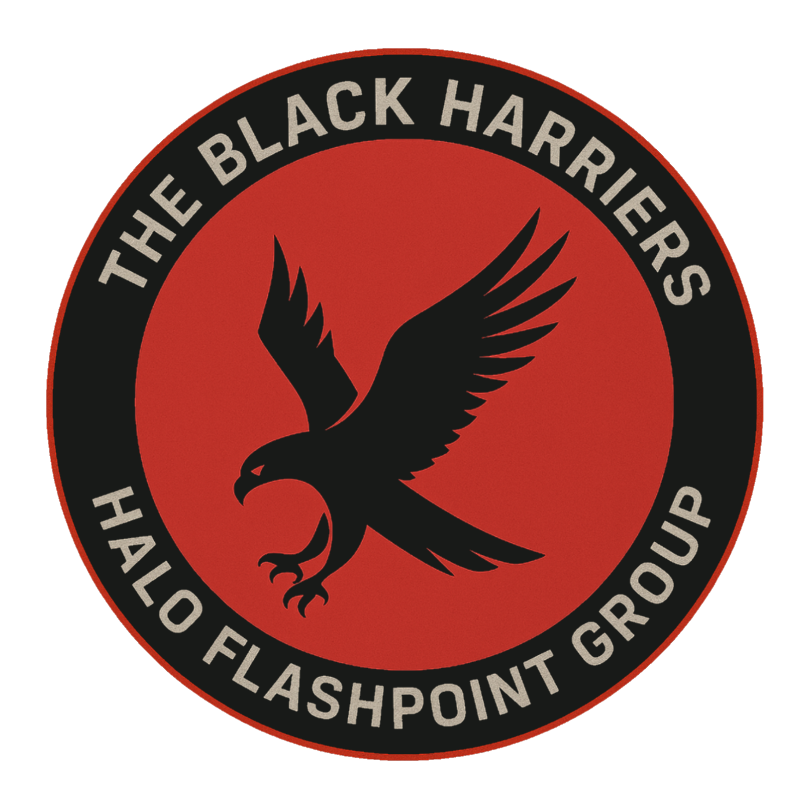 A circular emblem with a black background and red border. In the center, a black eagle with outstretched wings on a red background. Surrounding the eagle, white text reads 'The Black Harriers' at the top and 'Hallow Flashboard Group' at the bottom.