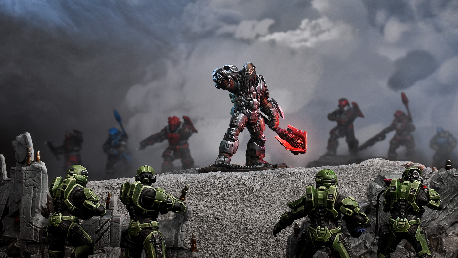 A group of green armored soldiers confronting a large, armored alien leader with a beard and cybernetic enhancements, holding a glowing red weapon, on a rocky terrain under a cloudy sky.