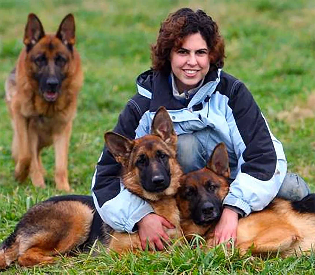 Young woman with three German Shepherds.