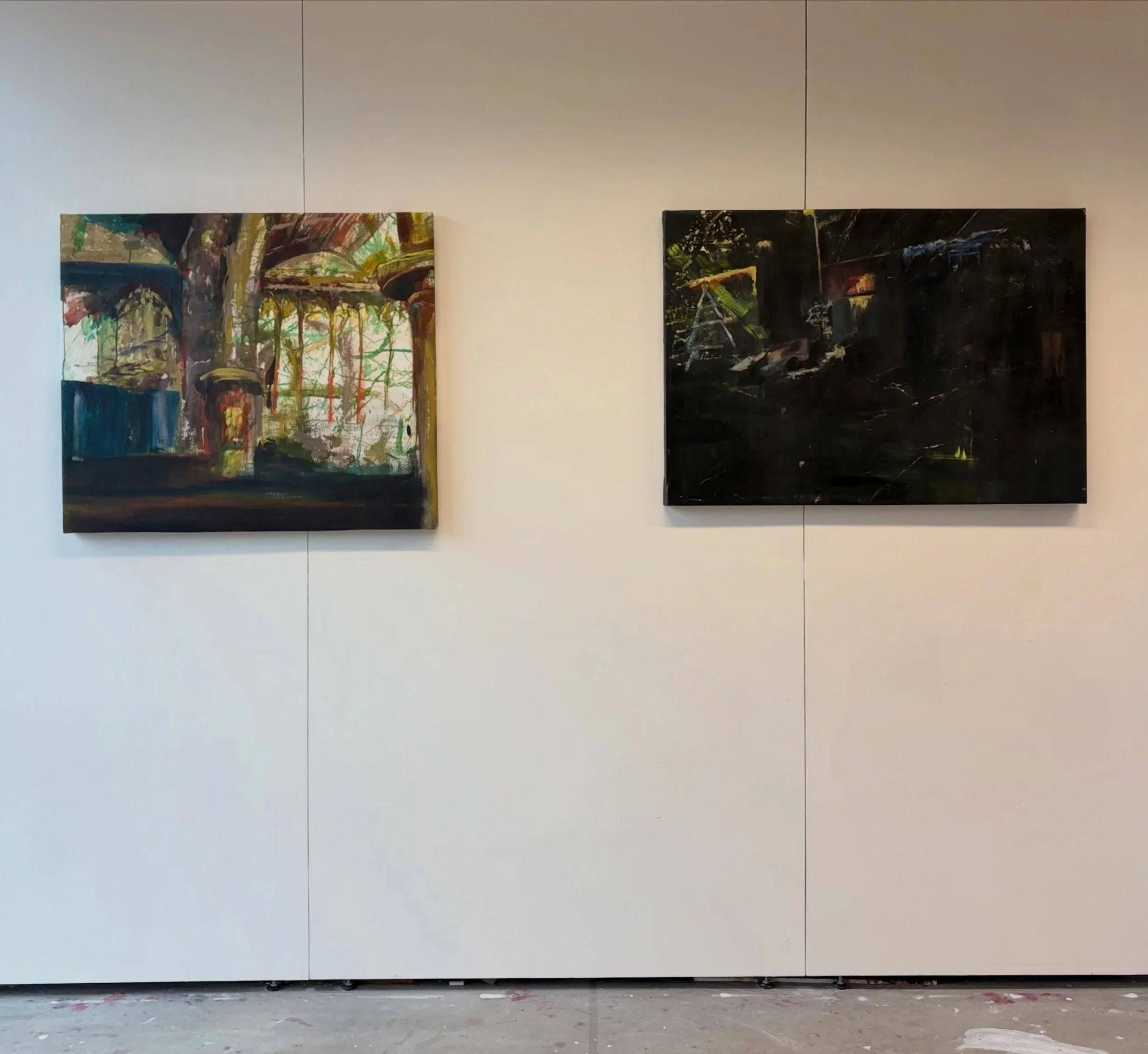 Ladyhill Lights, Usk
2026
Acrylic on canvas
Katie&rsquo;s work priorities the woollen underpinning. She leaves the structural details vague to emphasise the strands, connecting the process and appearance to her nan&rsquo;s crochet blanket.

St. Mary&