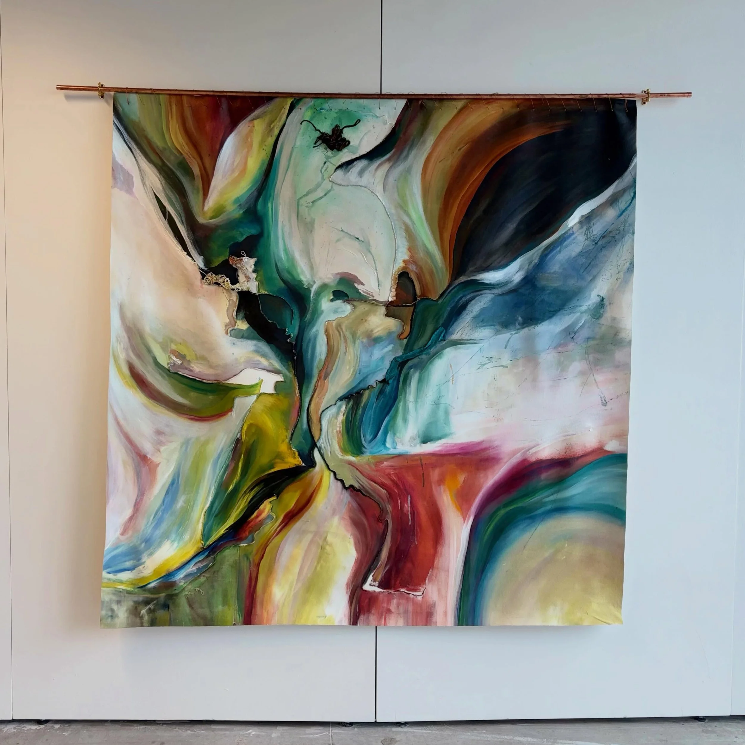 W.S/ Wrong Side
2026
Acrylic, copper wire, wool and fabric on canvas.
This work explores how characteristics of softness can be transferred between a crochet blanket and a painting. Katie&rsquo;s work incorporates wool as a boundary, linking wool to 