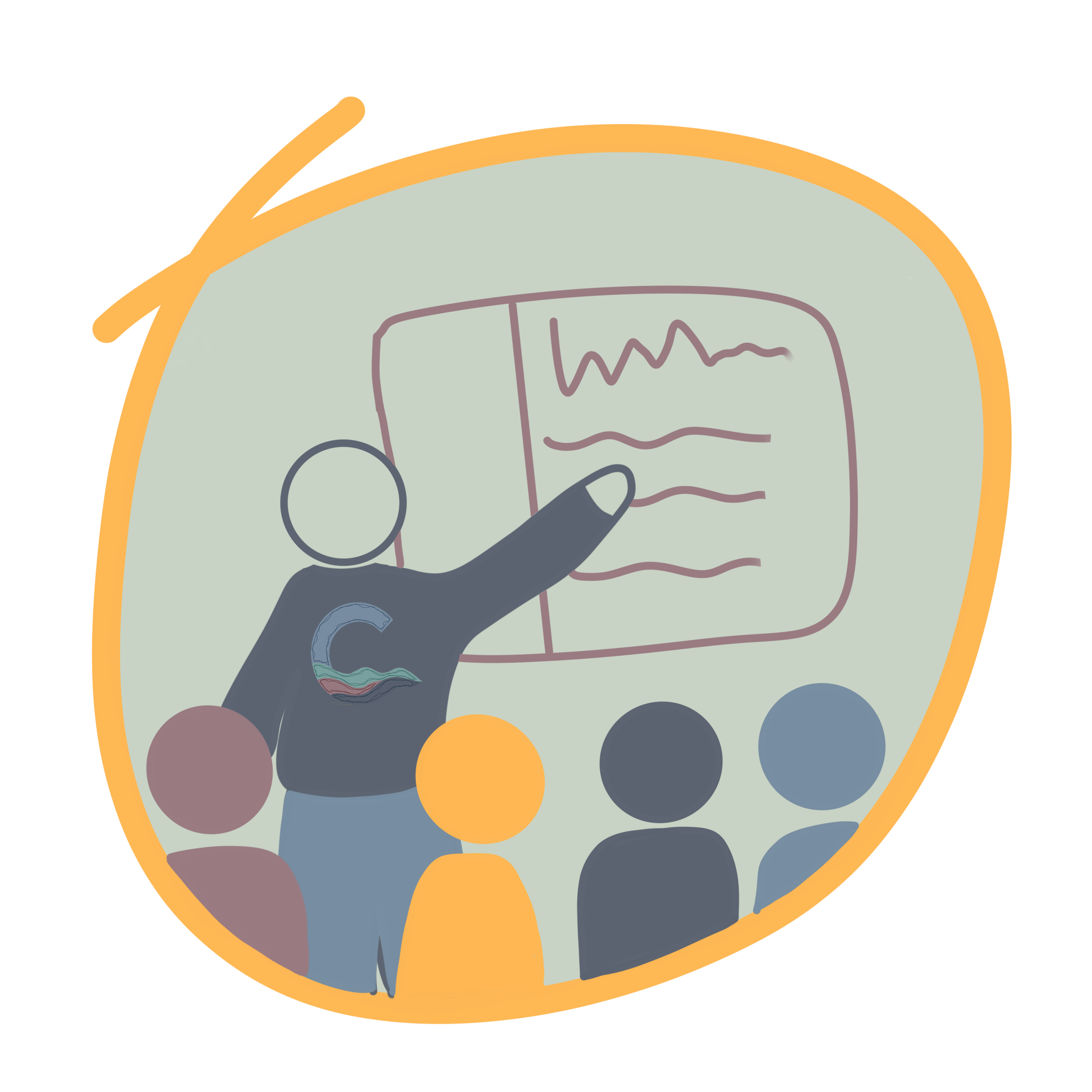 An illustration of a person pointing to a presentation to an audience of people