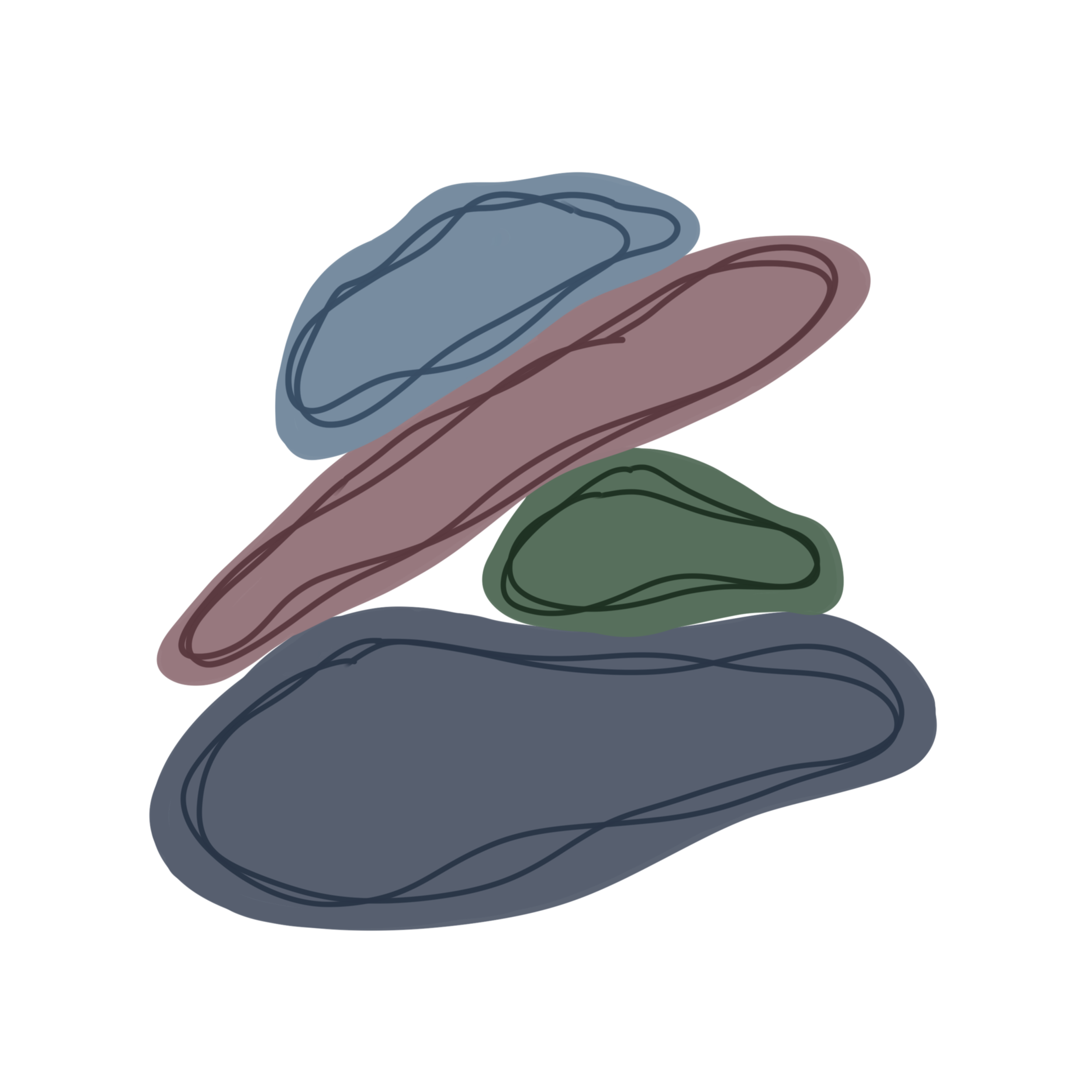 A illustration of pebbles piled up in a tower. The pebbles are grey, green, dusky pink and blue and have a design of wobbly lines around each pebble near the edge. 