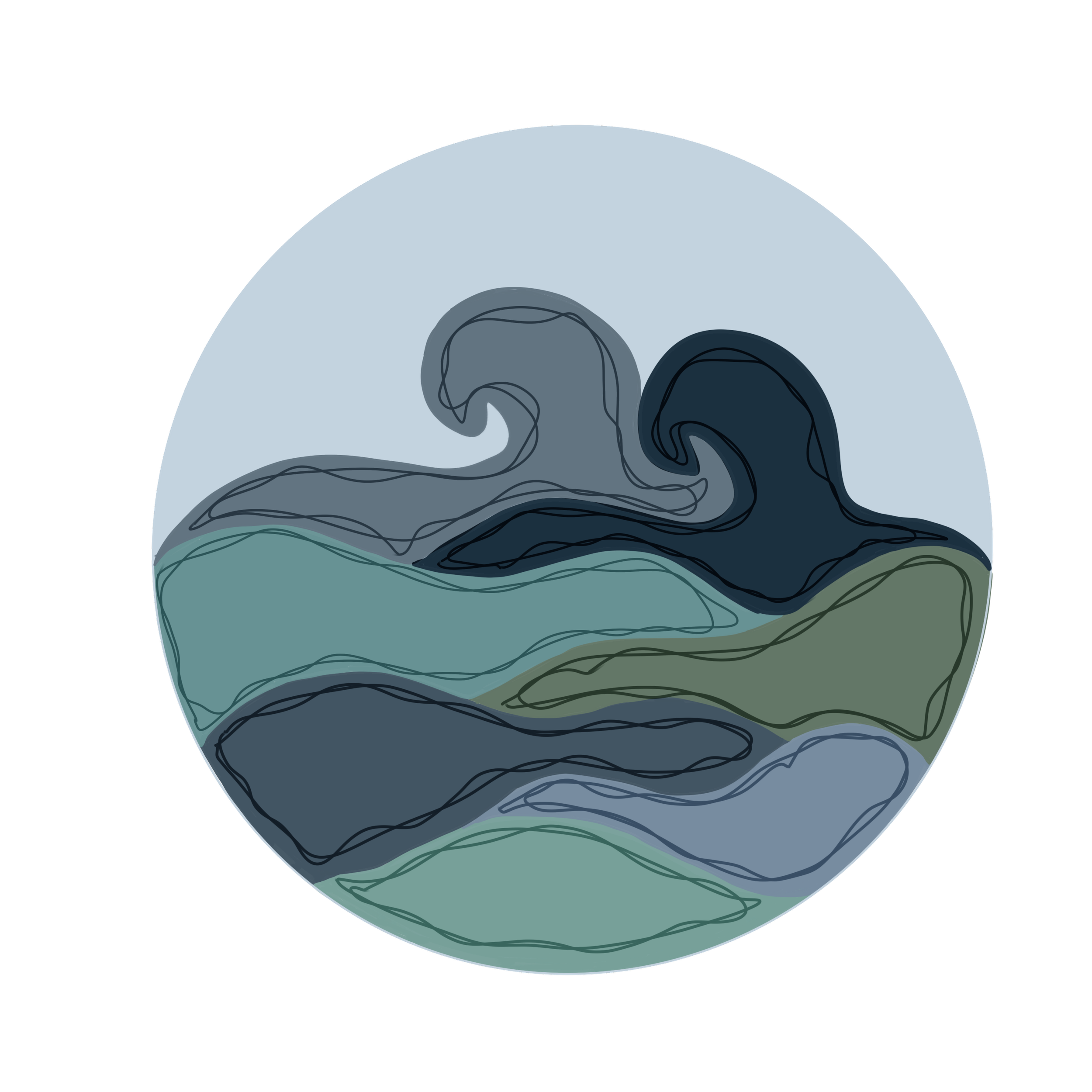 An illustration of a circle with different layers of blue and greens to form two cresting waves with wobbly lines near the edges of the waves.