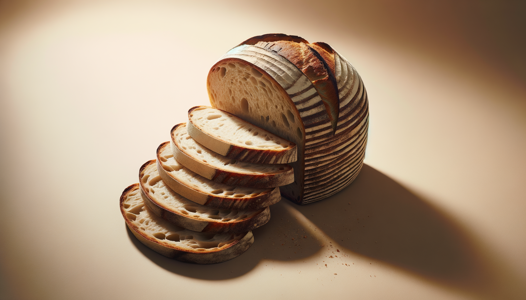 A round loaf of striped bread partially sliced with several slices fanned out in front, on a light surface with soft lighting.
