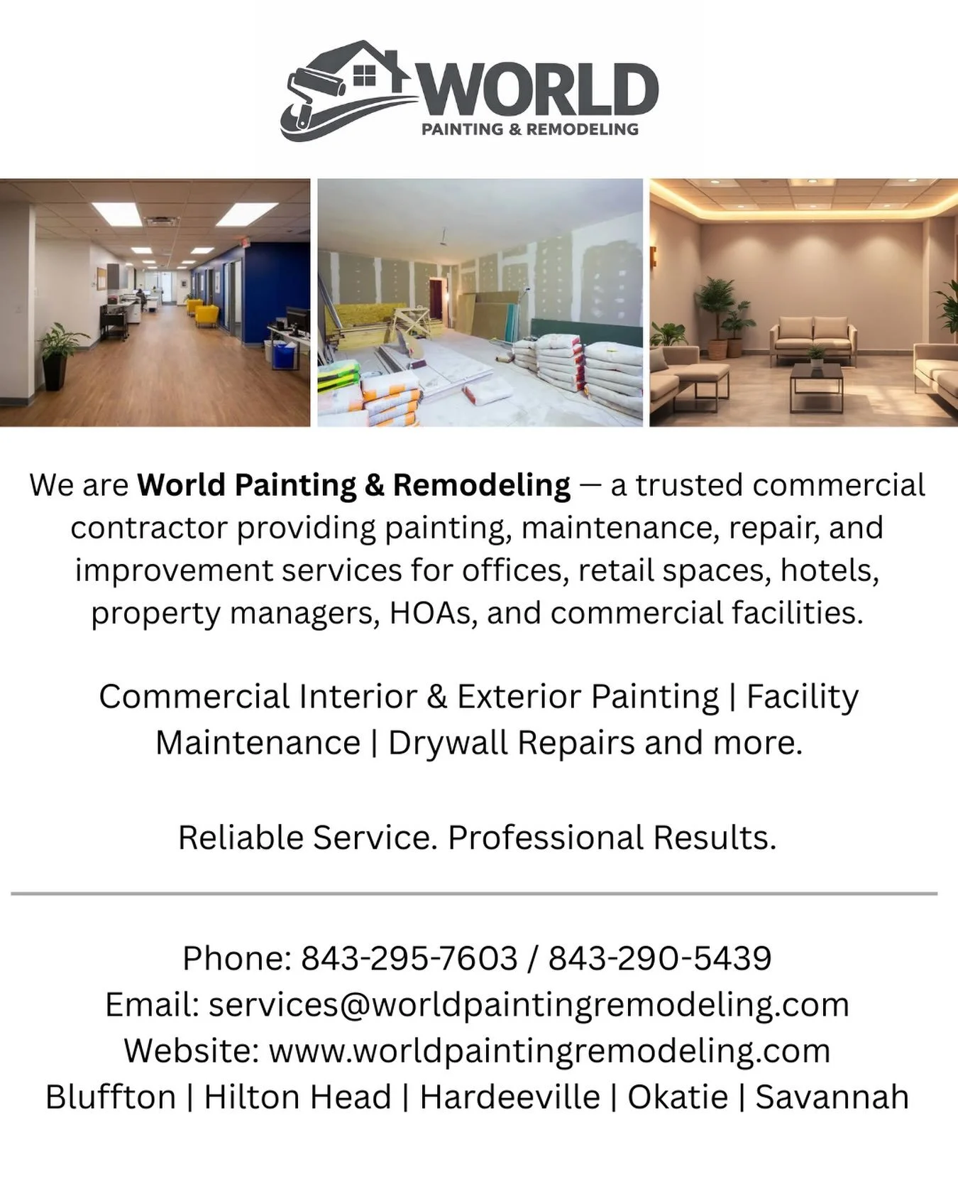 At World Painting &amp; Remodeling, we help businesses maintain professional facilities. 

Schedule a free site visit. 

 #commercialpainting #blufftonsc #hiltonheadisland #hiltonheadsc #lowcountrybusiness