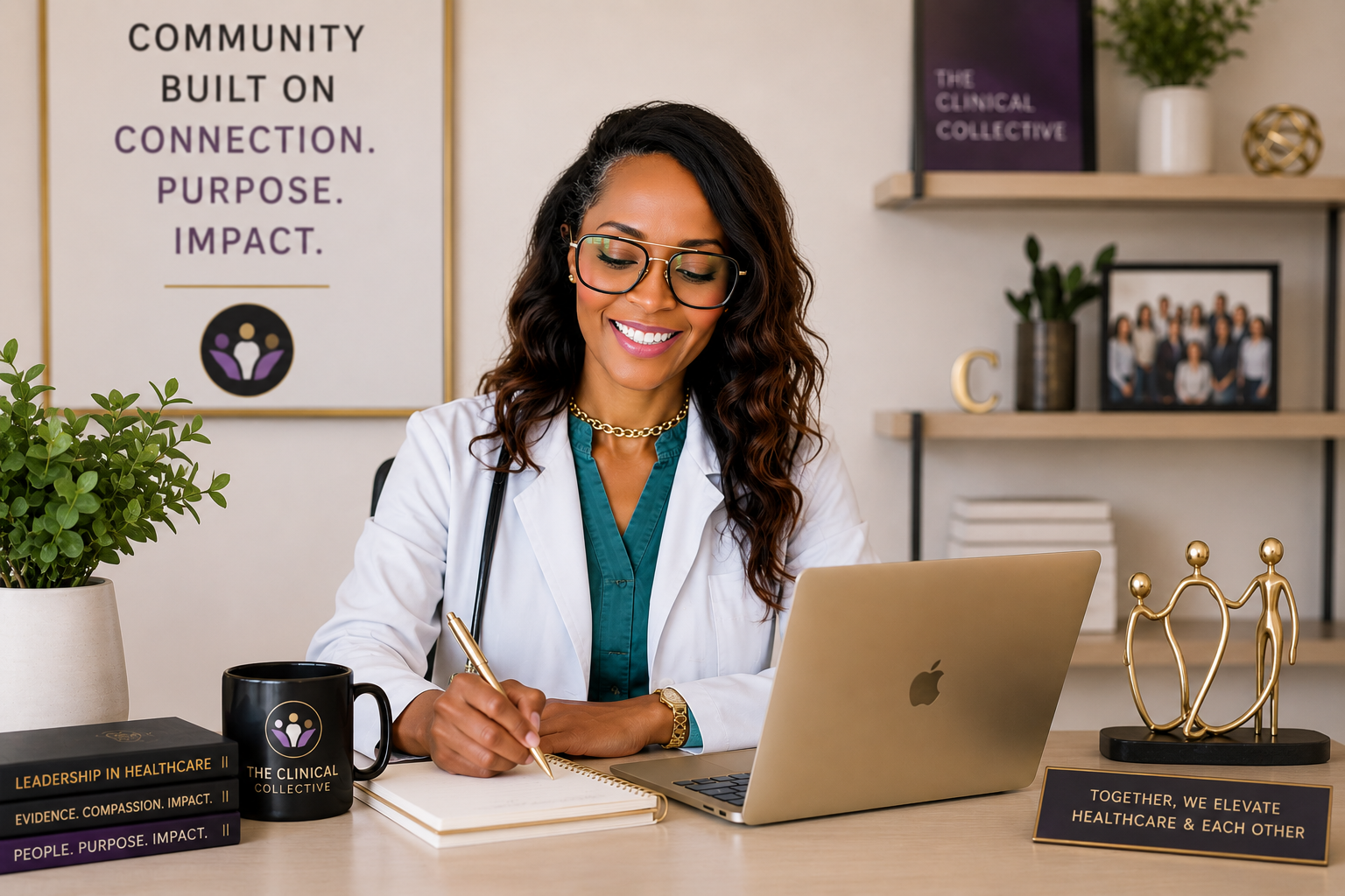 A smiling female doctor in glasses writing in a notebook at her desk, with a laptop, folders, a mug, and decorative items, in a modern office with a framed sign reading "Community built on connection, purpose, impact."