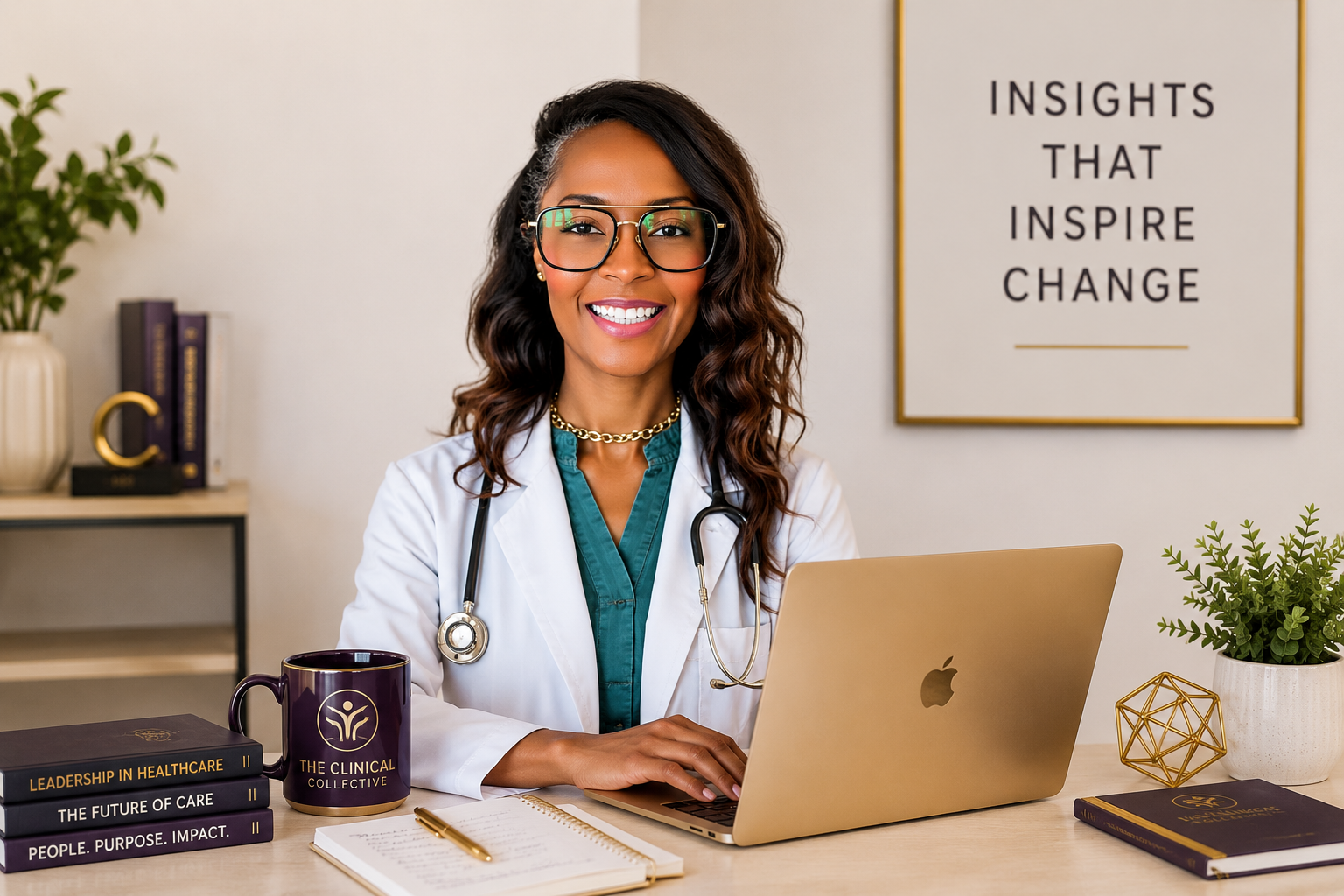 A smiling female doctor with glasses and a stethoscope around her neck, sitting at a desk with a laptop, books, a coffee mug, and a notebook, in a modern office with a motivational sign on the wall that reads 'Insights That Inspire Change'.