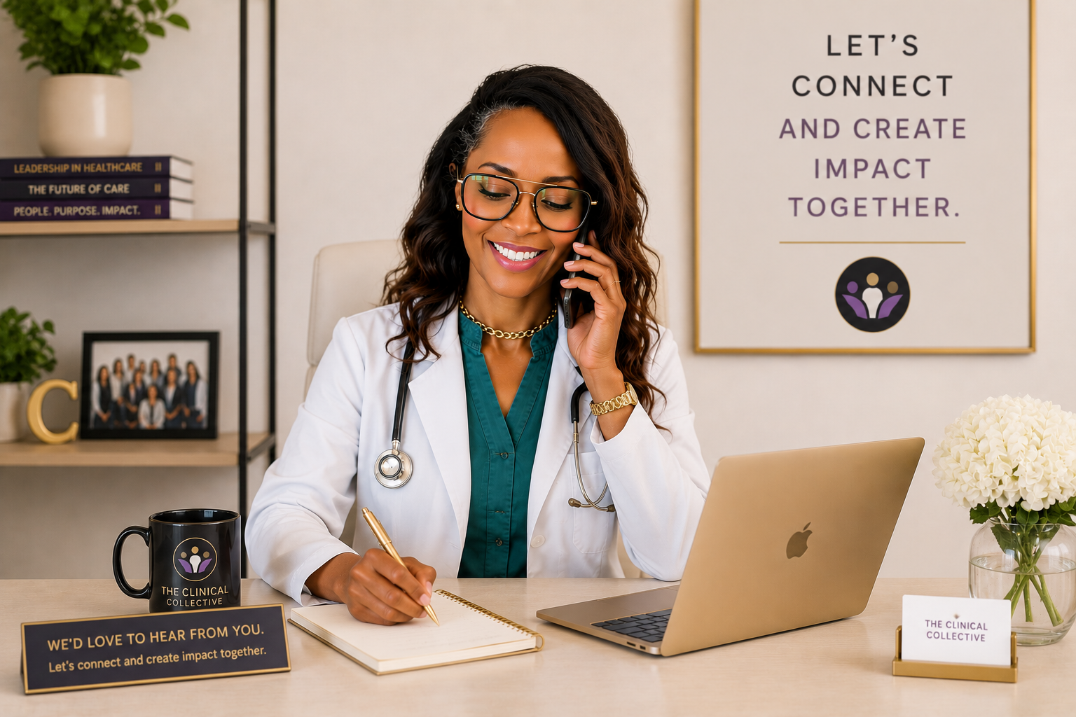 A female doctor with glasses and a stethoscope on her neck sitting at a desk, talking on the phone, with a laptop, notepad, and a mug that says 'The Clinical Collective'. Behind her, a framed photo, a plant, and a bookshelf with books. A sign on the wall reads 'Let's connect and create impact together'.
