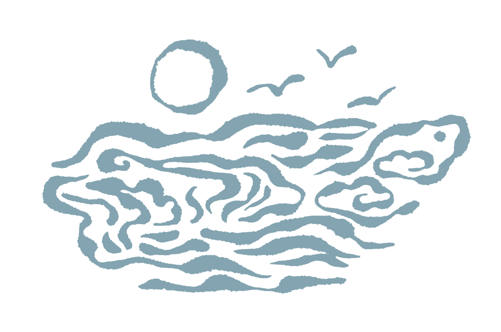 Sketch of a landscape with a large sun in the sky, seagulls flying, ocean waves, and a whale partially submerged in the water.
