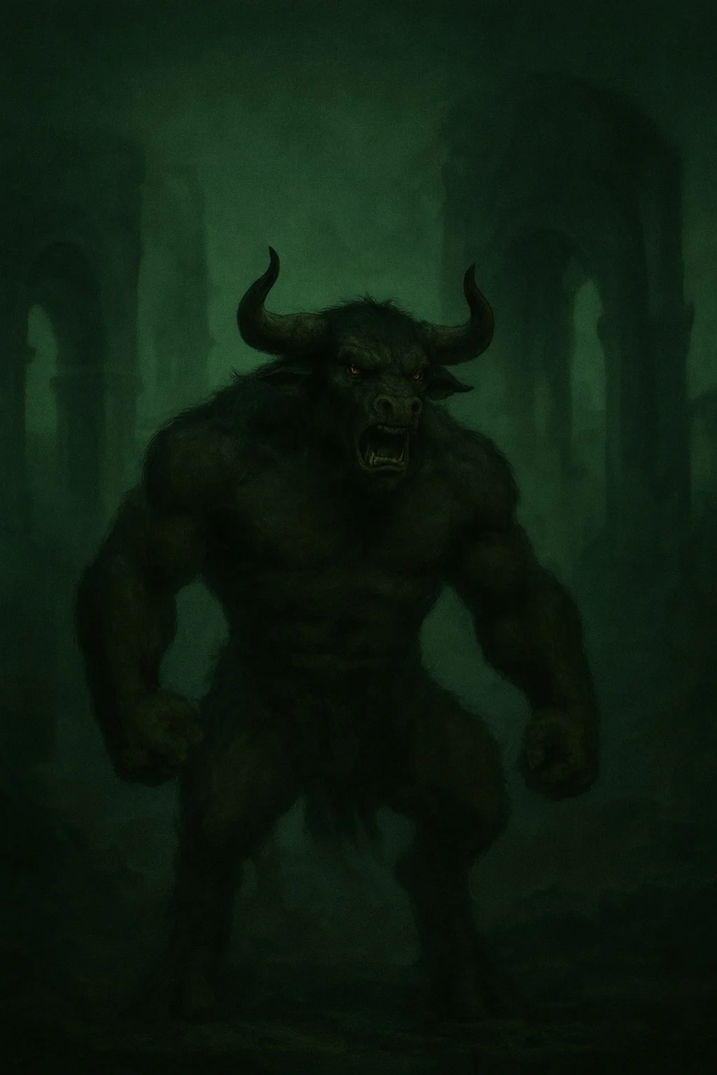 A dark, green-tinged illustration of a creature with a muscular build, horns on its head, and a fierce expression, standing in a gothic, foggy environment.