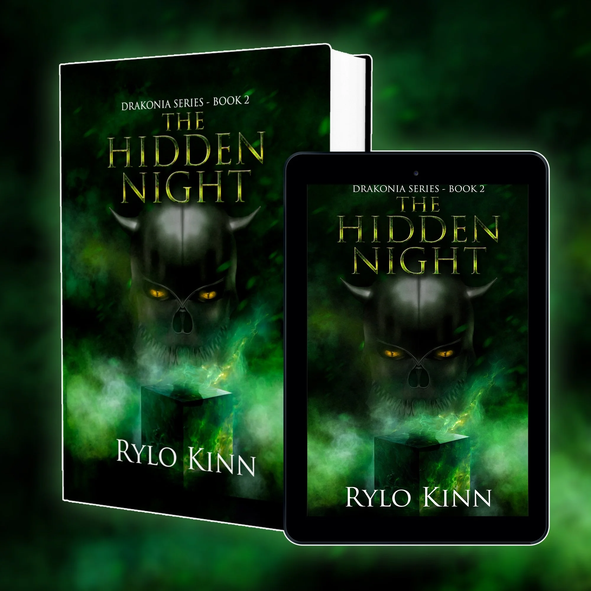 Cover of a book titled "The Hidden Night" by Ryo Kinn, with a dark green and black background, glowing eyes, and a mysterious, shadowy figure.