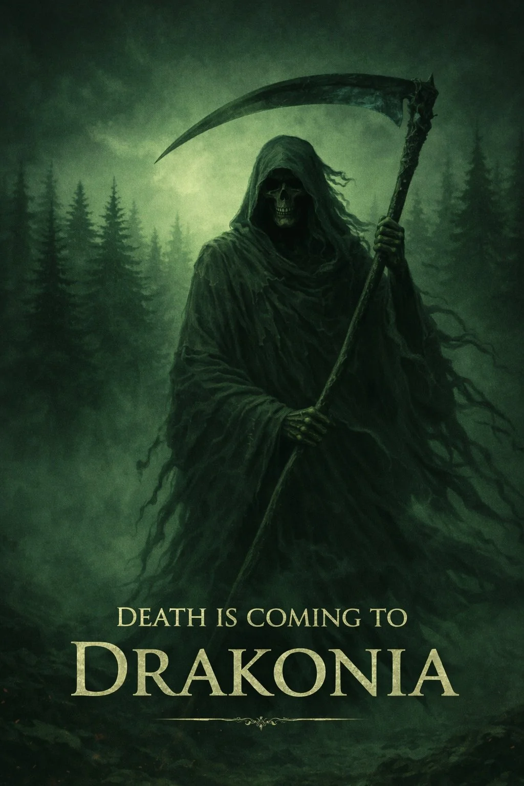 Dark fantasy illustration of a grim reaper with a skull face, cloaked in tattered dark robes, holding a scythe, set in a foggy forest background. Text reads "Death is coming to Drakonia."