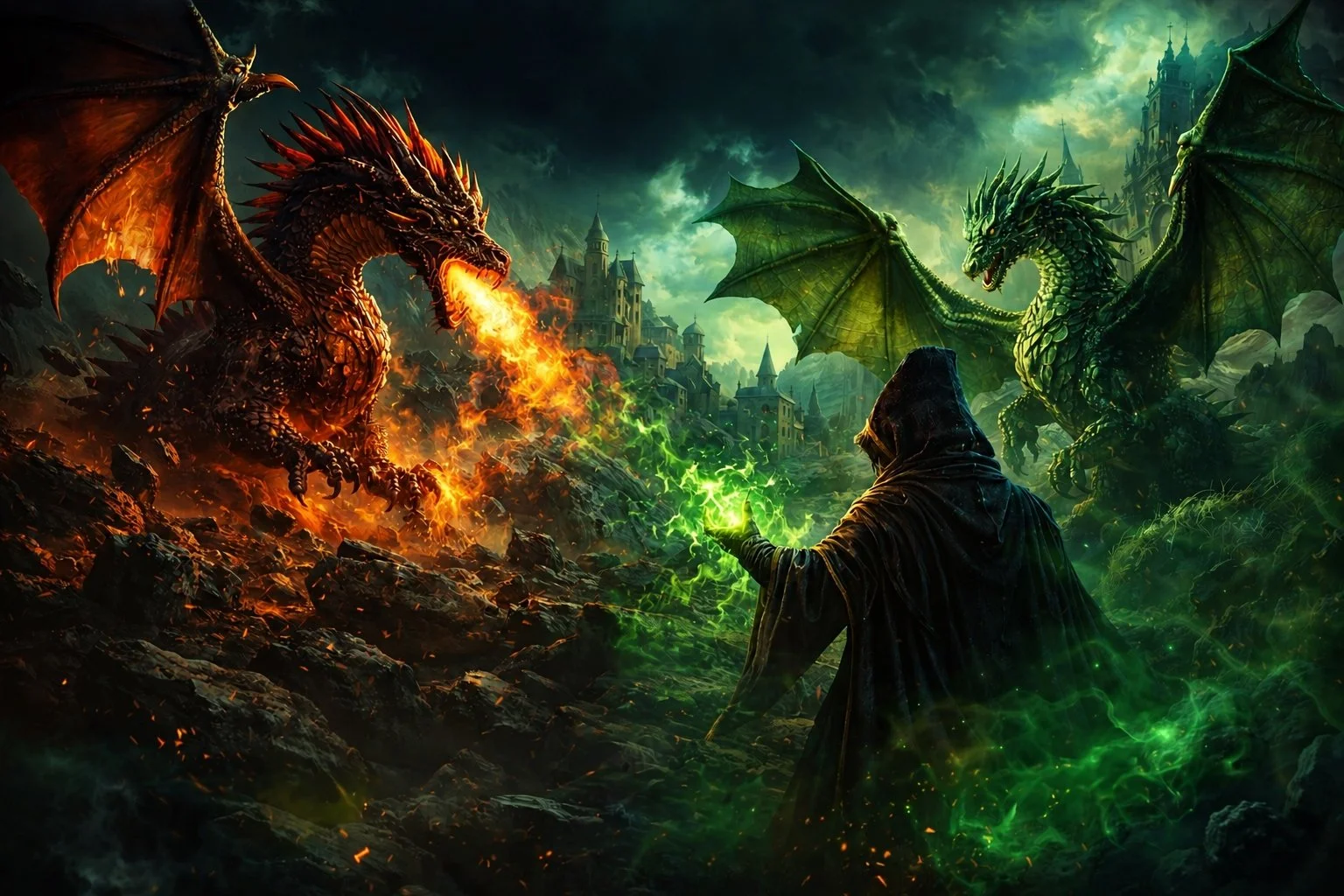 A fantasy scene with two dragons, one fiery and the other green, facing each other and a hooded figure casting a spell between them, with a dark castle in the background.