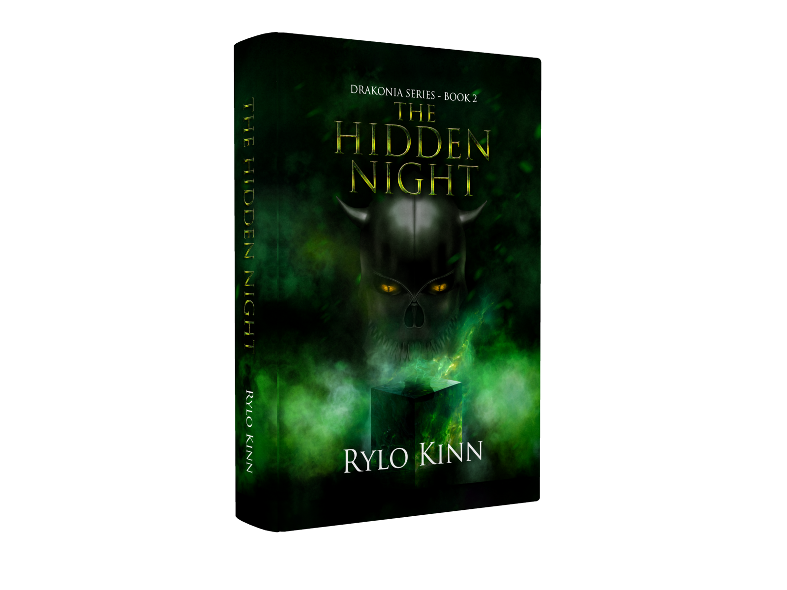 A book cover titled 'The Hidden Night' by RYLO KINN, part of the Drakonia Series, Book 2. The cover features a dark, greenish background with a menacing black skull with horns and glowing yellow eyes, emerging from green smoke or mist above a green pedestal.